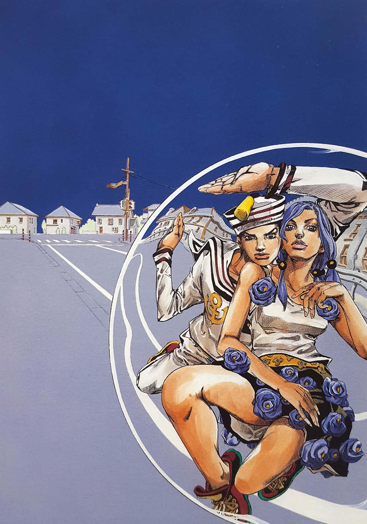 Jojolion 桌布 壁紙 — 兩個動漫角色身穿飾有藍玫瑰的服裝，在深藍色天空下騎著白色圓形路徑穿過寧靜的小鎮。