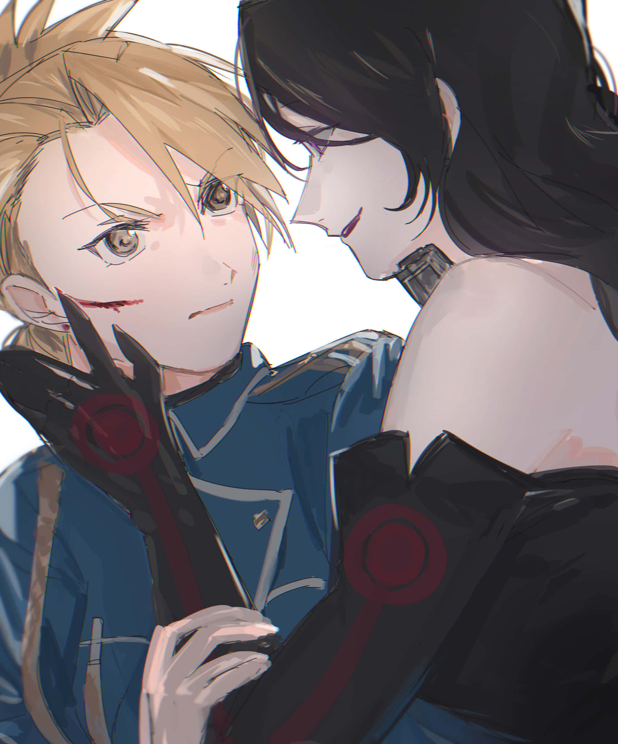 Fullmetal Alchemist Lust 桌布 壁紙 — 兩個動漫角色近距離，一個金髮藍色制服，另一個黑髮黑色服裝，兩人都戴紅色圓形手套。