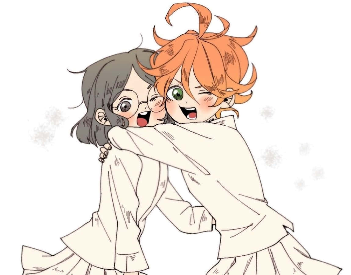 The Promised Neverland Gilda 桌布 壁紙 — 兩個動漫角色開心擁抱，閃爍的雪花在他們周圍飄舞。