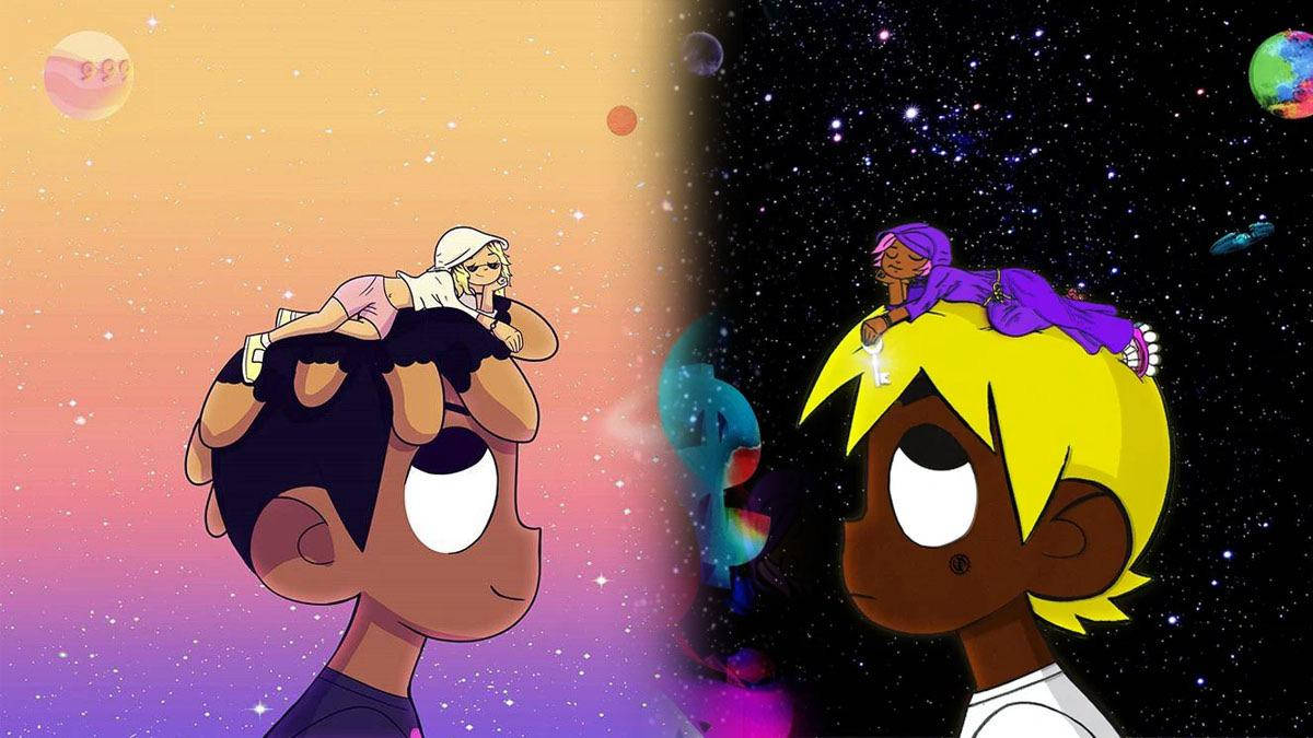 Juice WRLD 桌布 壁紙 — 兩個動漫角色隔著宇宙鴻溝對望，一個在溫暖的日落天空，另一個在繁星虛空中，周圍漂浮著行星。