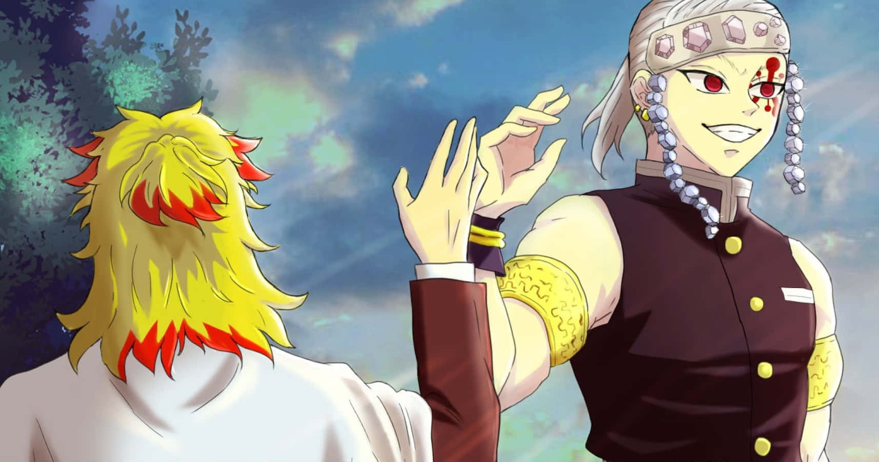 Rengoku And Tengen 桌布 壁紙 — 兩個動漫角色面對面，一個有火黃色頭髮，另一個有銀色頭髮和紅色眼睛，背景是多雲的天空。
