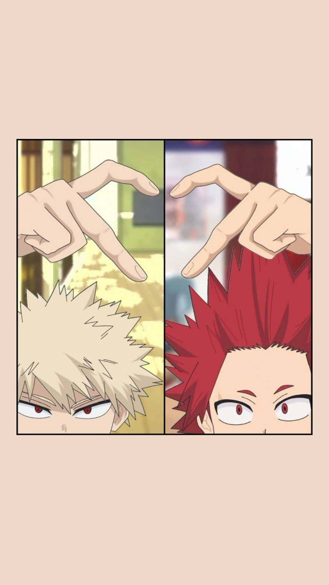 My Hero Academia Aesthetic 桌布 壁紙 — 兩個動漫角色頭髮尖尖，抬頭仰望，雙手在他們頭頂形成心形。
