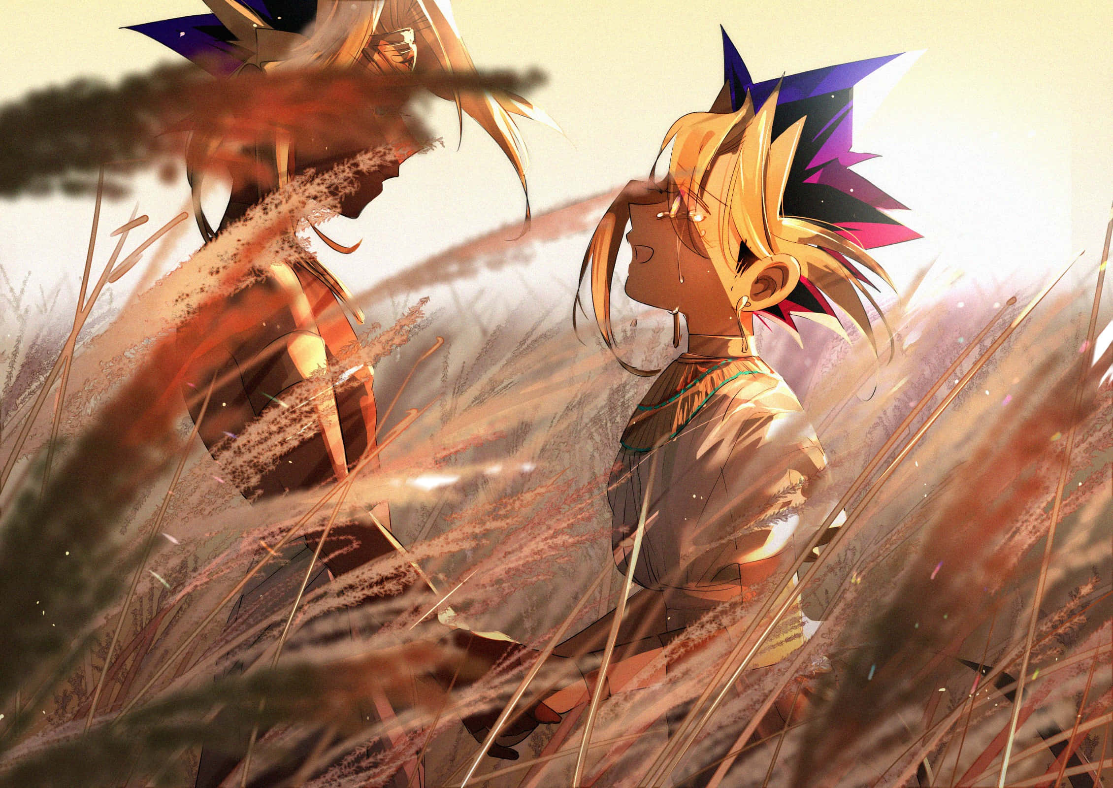 Yami Yugi 桌布 壁紙 — 兩個動漫角色頭髮豎起，站在高高的金色草叢中，沐浴在溫暖的夕陽光下。