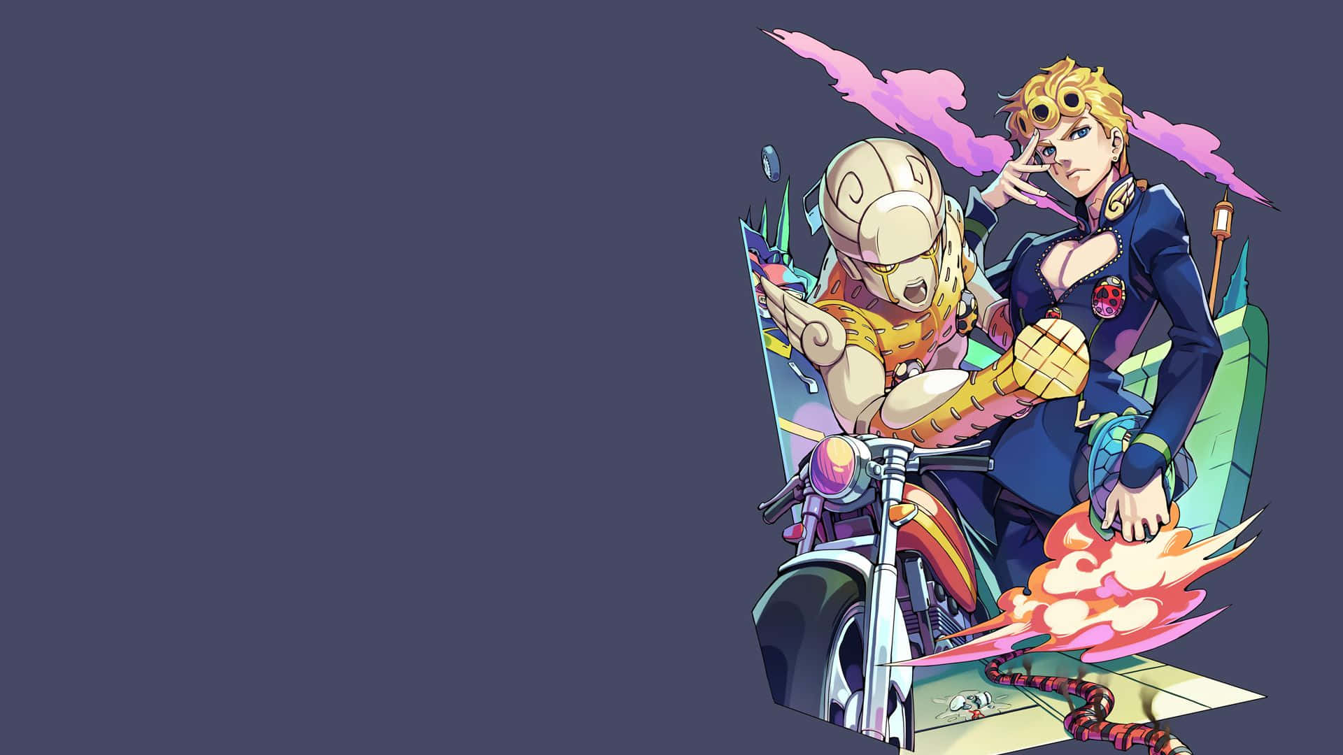 Jojo Meme 桌布 壁紙 — 兩個動漫角色騎著一輛排氣管噴火、冒粉紅煙的電單車，背景為深紫色。
