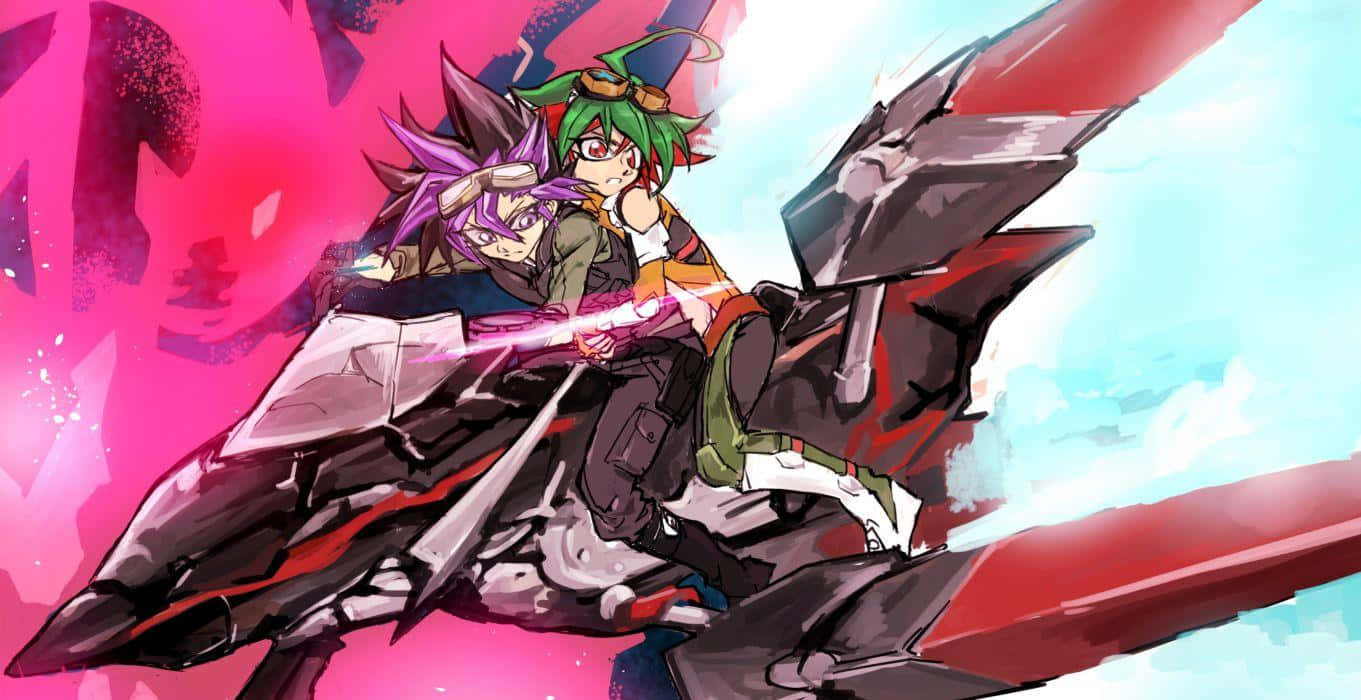 Yuya Sakaki 桌布 壁紙 — 兩個動漫角色騎著一輛流線型的紅黑機甲，穿越充滿活力的粉紅和藍色天空。