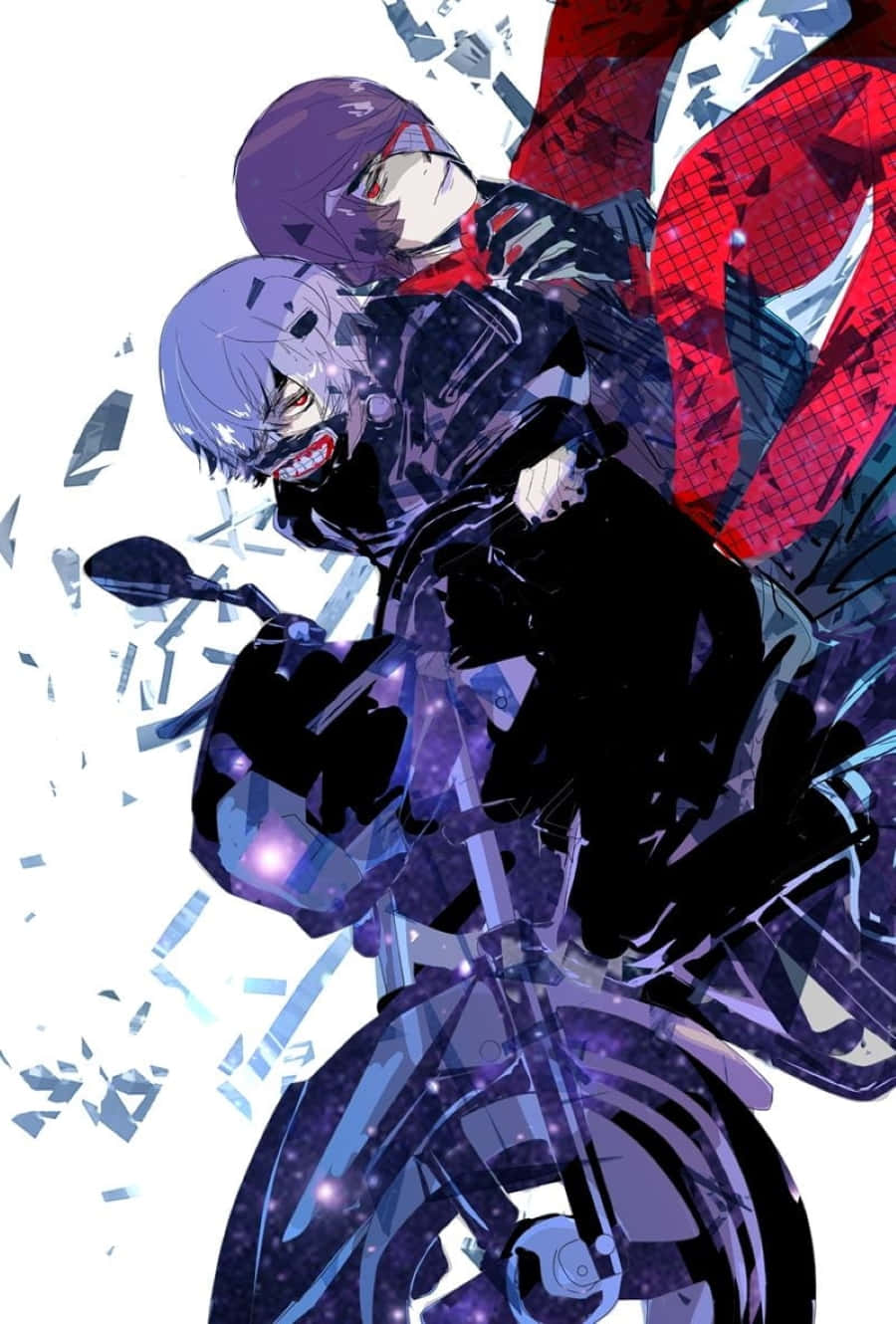 Shuu Tsukiyama 桌布 壁紙 — 兩個動漫角色騎著電單車穿過破碎的玻璃，帶有鮮豔的紅色和紫色點綴。