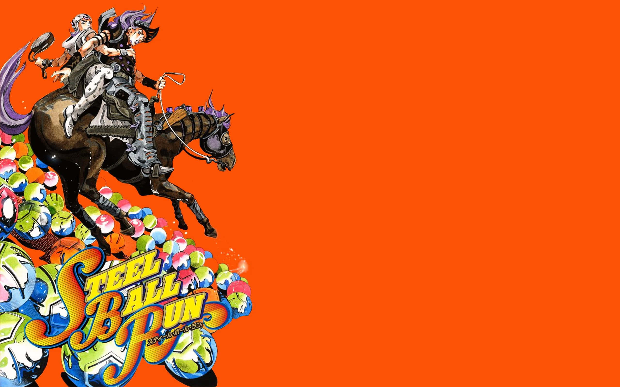 Jojo Steel Ball Run 桌布 壁紙 — 兩個動漫角色騎著馬穿過色彩繽紛的鋼球瀑布，背景為純橙色。
