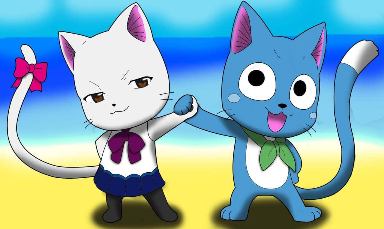 Fairy Tail Happy 桌布 壁紙 — 兩個動漫貓角色，一個白色帶粉紅色蝴蝶結，一個藍色帶綠色蝴蝶結，站在明亮的藍色和黃色漸變背景前牽手。