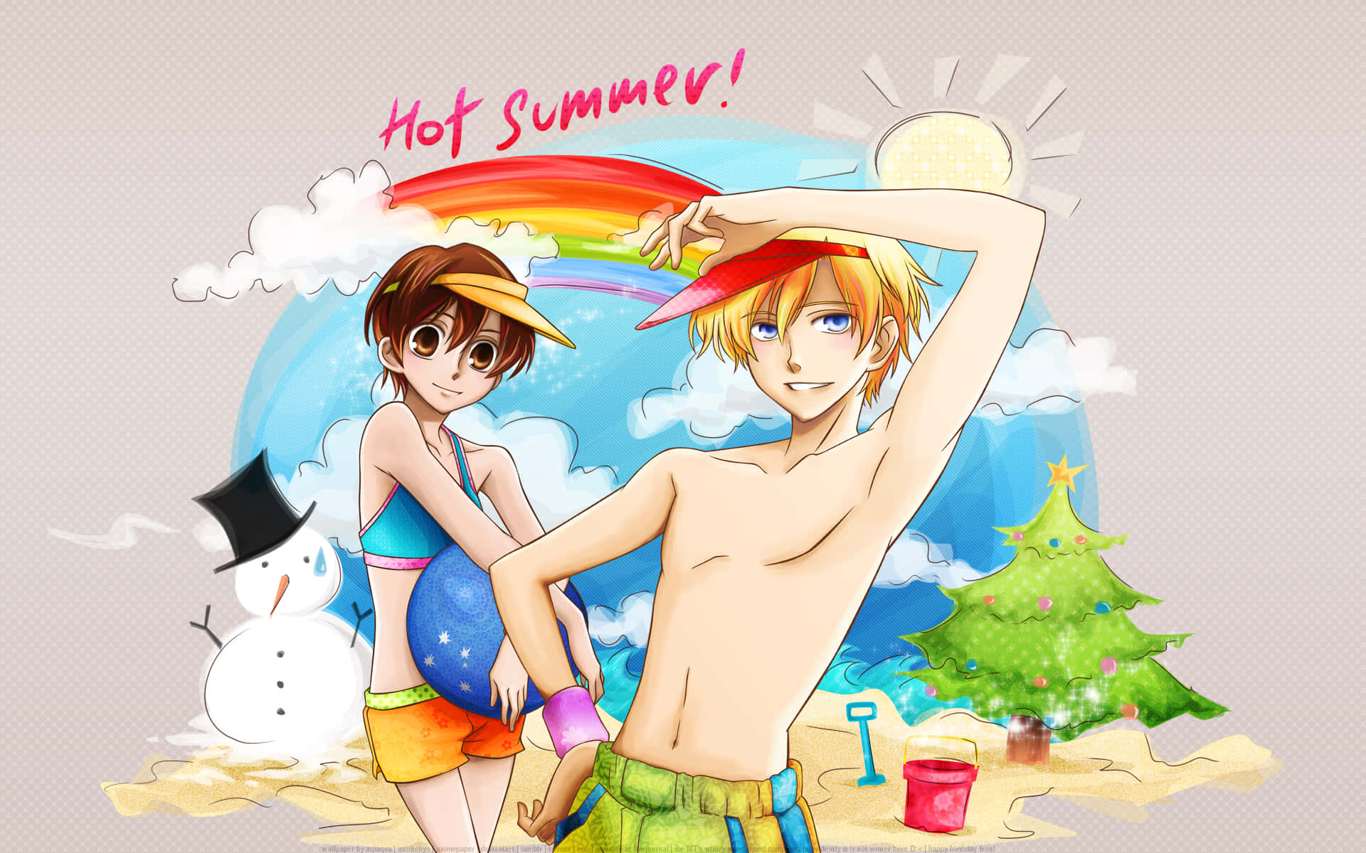 ouran high school host club 桌布 壁紙 — 兩個動漫青少年在明亮的天空下享受一個超現實的海灘場景，有彩虹太陽、雪人和聖誕樹。