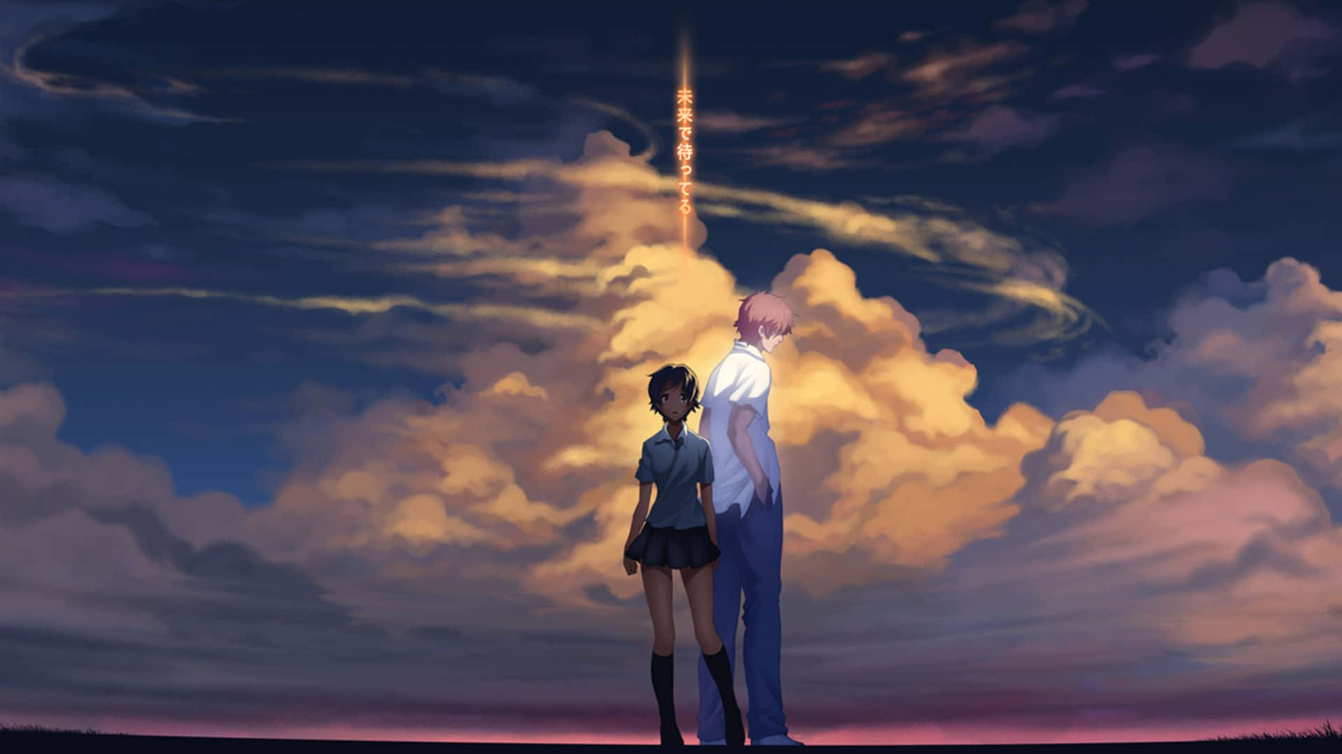 The Girl Who Leapt Through Time 桌布 壁紙 — 兩個動漫青少年在暮色天空下以剪影站立，伴隨著發光的雲朵和垂直的日文字。