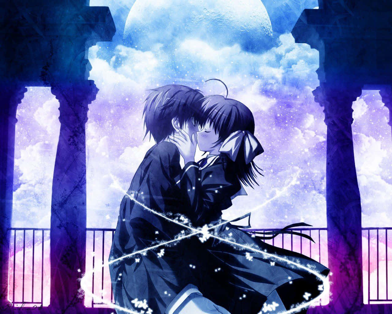 Cute Anime Couple 桌布 壁紙 — 兩個動漫青少年在發光的月亮下接吻，月亮被石柱框住，背景是繁星點點的紫色天空。