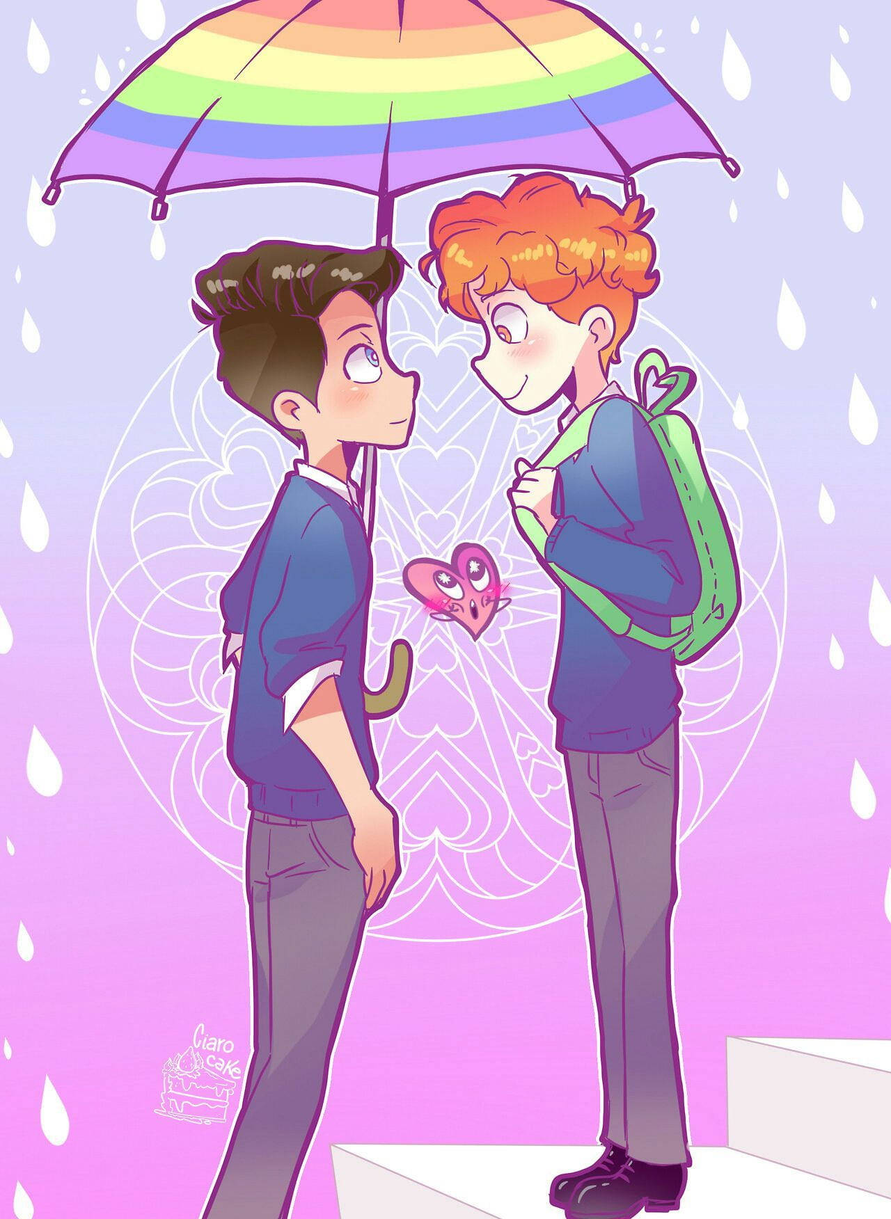 gay love 桌布 壁紙 — 兩個動漫青少年在雨中共享一把彩虹傘，他們之間有一個漂浮的心。