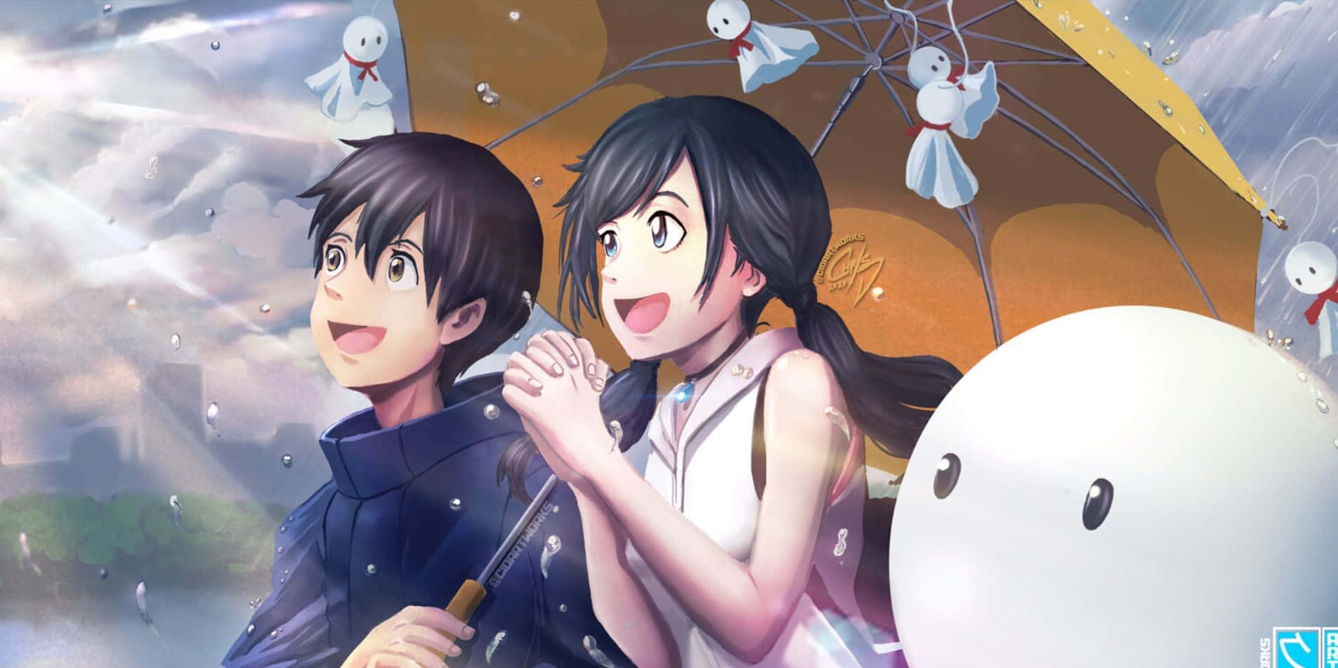 Weathering With You 桌布 壁紙 — 兩個動漫青少年在雨天下與幽靈雪人共享愉快的雨傘之旅。