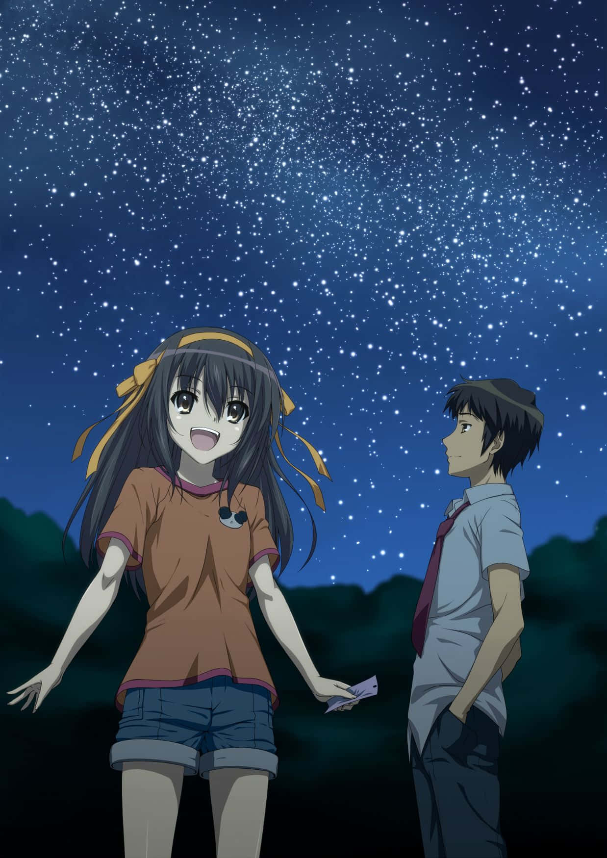 Kyon 桌布 壁紙 — 兩個動漫青少年站在廣闊的星空下，在戶外分享寧靜的時刻。
