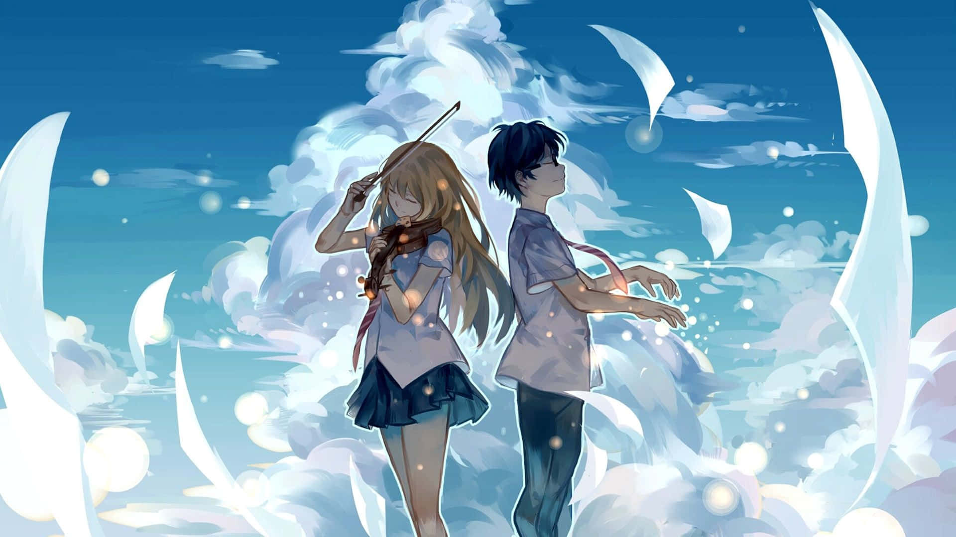 Anime Pc 桌布 壁紙 — 兩個動漫青少年站在發光的雲層中，在明亮的藍天下手持發光的法杖。