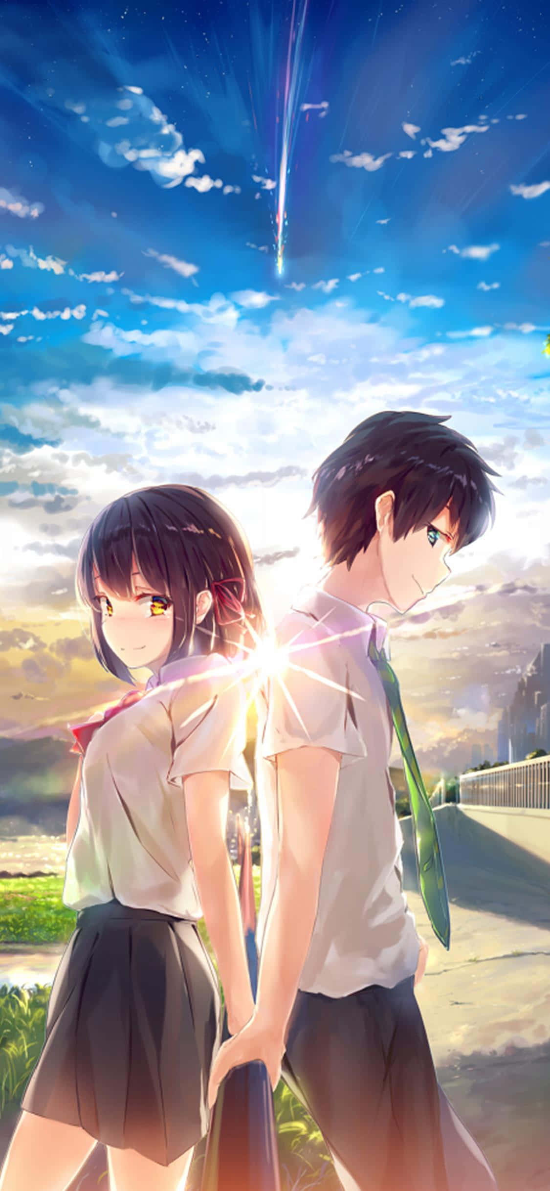 Cute Anime Couple 桌布 壁紙 — 兩個動漫青少年背對背站在星空下，一顆明亮的流星從頭頂劃過。