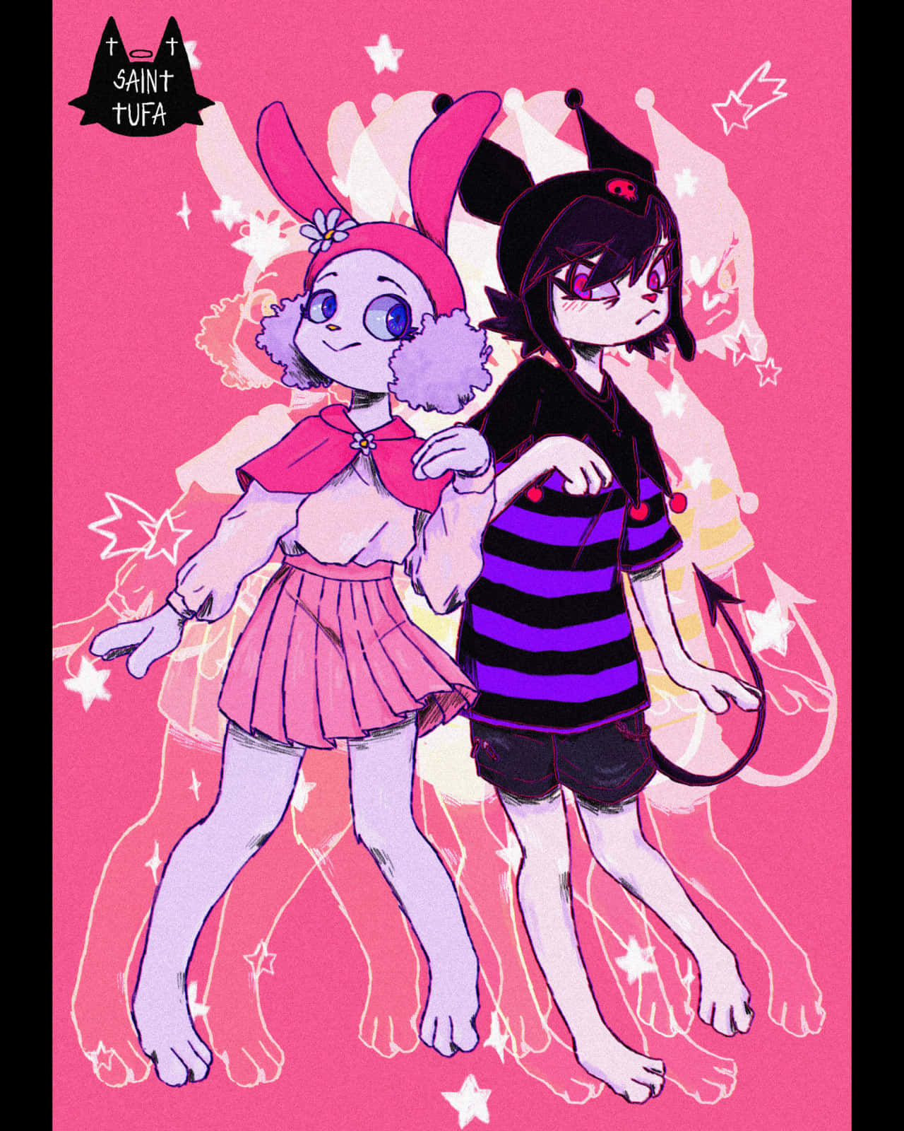 Kuromi Fanart 桌布 壁紙 — 兩個動漫風格嘅女仔，有兔仔耳同星星輪廓，企喺一個鮮艷嘅粉紅色背景前面。