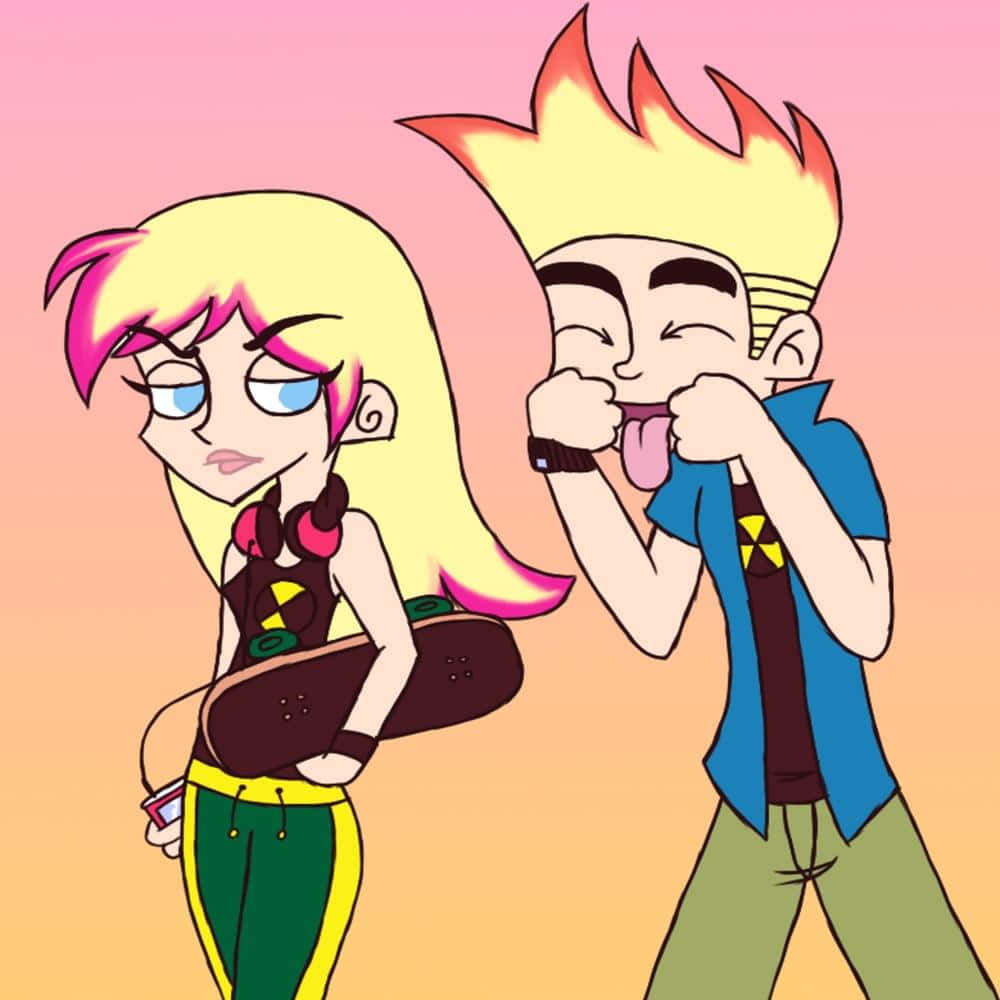 Johnny Test 桌布 壁紙 — 兩個動漫風格嘅青少年，頭髮尖尖，喺粉紅橙色漸變背景前擺甫士，一個伸脷玩，另一個攞住滑板好悶。