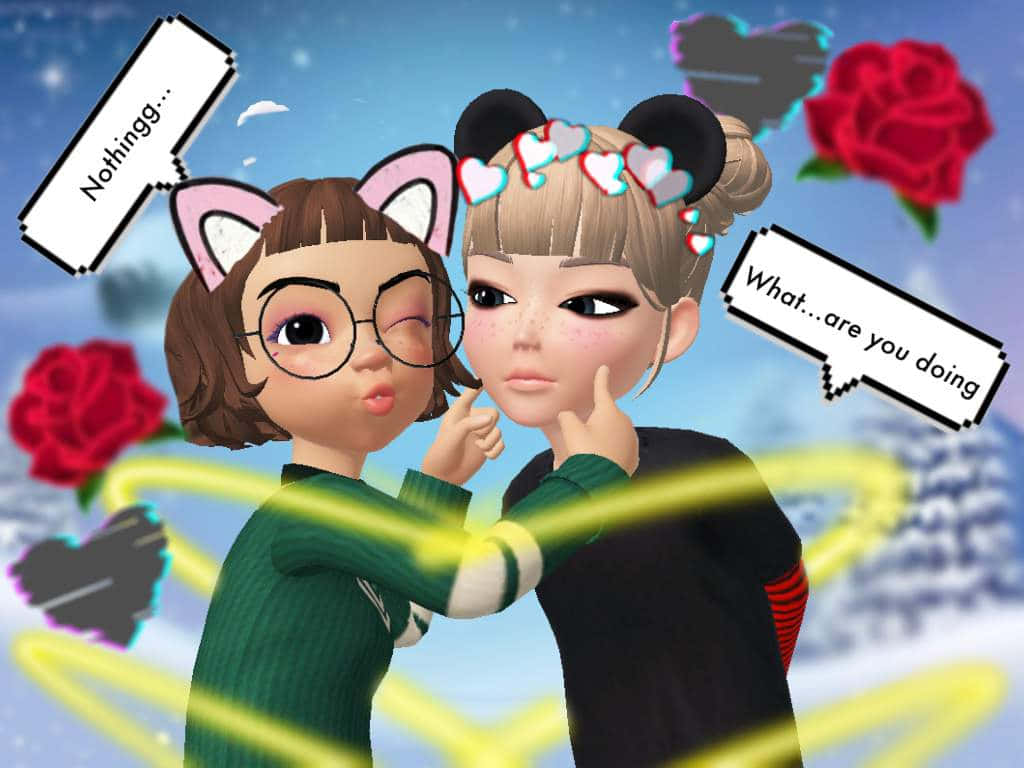 Zepeto 桌布 壁紙 — 兩個動漫風格女孩，有貓耳和心形漂浮在她們周圍，其中一個頑皮地觸摸另一個的臉。