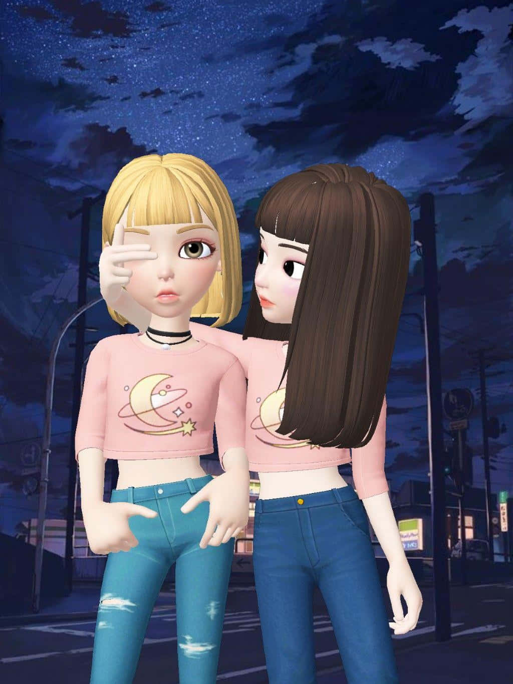 Zepeto 桌布 壁紙 — 兩個動漫風格女孩穿著相配的粉紅色上衣和藍色牛仔褲，站在星空下的城市景觀中。
