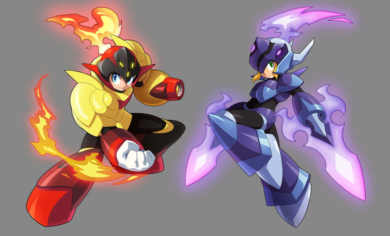 Megaman 桌布 壁紙 — 兩個動漫風格機械戰士碰撞——一個被熾熱橙色火焰吞噬，另一個被發光紫色能量包圍——在純灰色背景前。