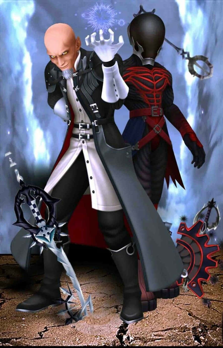 Kingdom Hearts Xehanort 桌布 壁紙 — 兩個動漫風格的戰士站在裂開的大地競技場上，一個光頭、眼睛發光、手持劍，另一個穿著紅色盔甲、拿著鑰刃，背景是暴風雨的藍色。