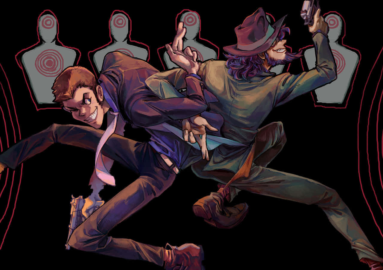 Lupin Iii Daisuke Jigen 桌布 壁紙 — 兩個動漫風格的槍手以動態姿勢向帶有紅色輪廓的目標剪影開槍，背景為黑色。