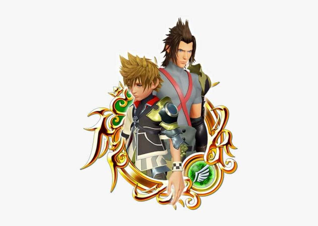 Kingdom Hearts Terra 桌布 壁紙 — 兩個動漫風格的男性戰士穿著精細的盔甲，站在一個華麗的金色和綠色徽章內，背景是純白色。