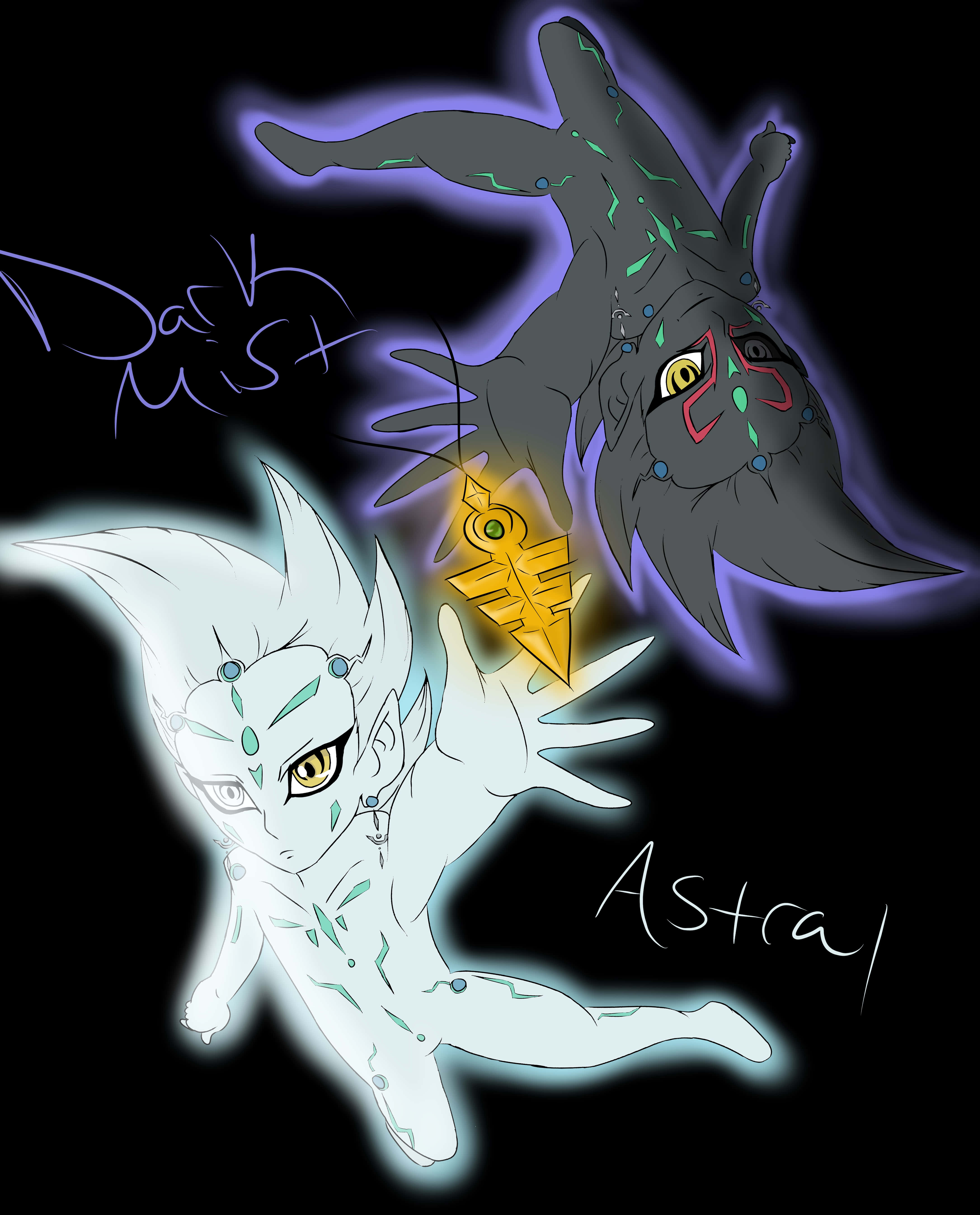 Yu-gi-oh Astral 桌布 壁紙 — 兩個動漫風格的神秘生物漂浮在黑色背景上，一個發出白光，另一個深灰色，兩者都握著一個發光的金色鑰匙。