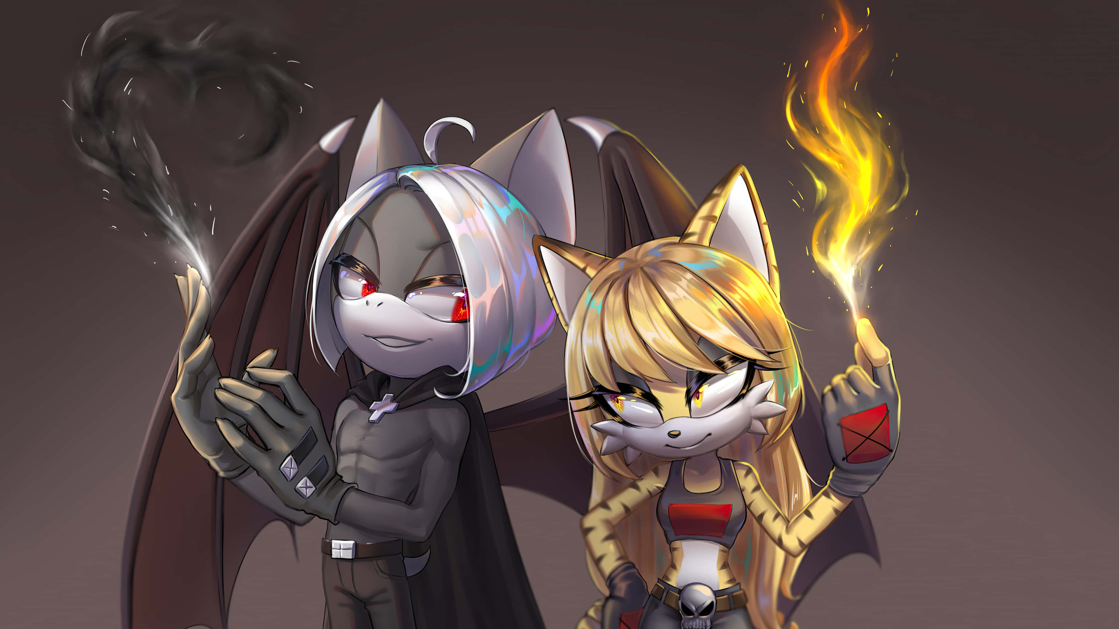Sonic The Hedgehog Characters 桌布 壁紙 — 兩個動漫風格的蝙蝠翅膀角色，一個散發黑煙，另一個散發熾熱的橙色火焰，背景為深色。