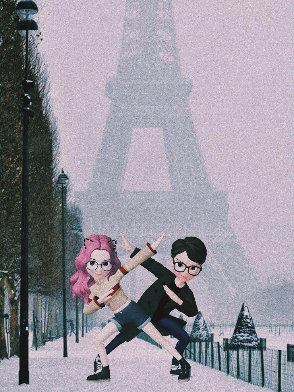 Zepeto 桌布 壁紙 — 兩個動漫風格的角色在巴黎積雪的人行道上擺出俏皮的姿勢，艾菲爾鐵塔在迷濛的背景中若隱若現。