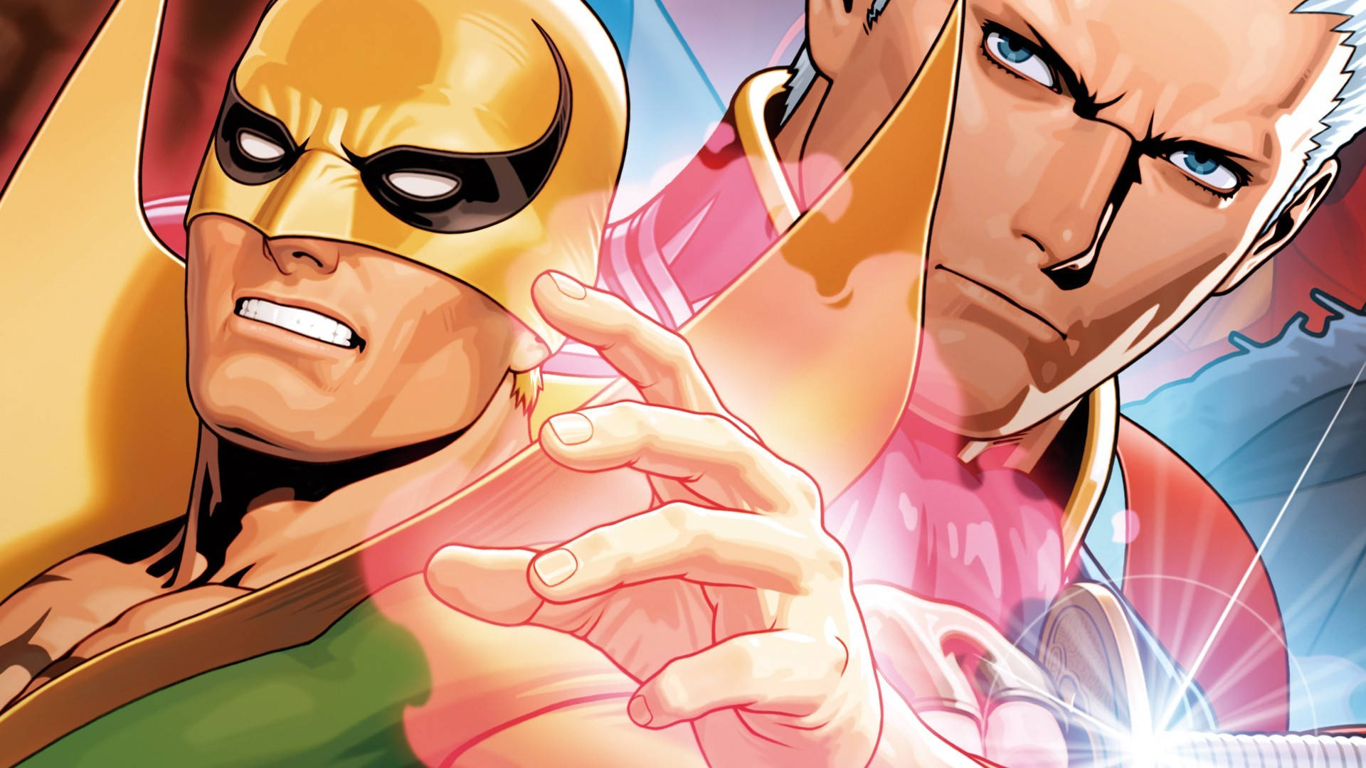 Ultimate Marvel Vs. Capcom 3 壁紙 — 兩個動漫風格的超級英雄在動態漫畫面板中碰撞，色彩大膽，表情激烈。
