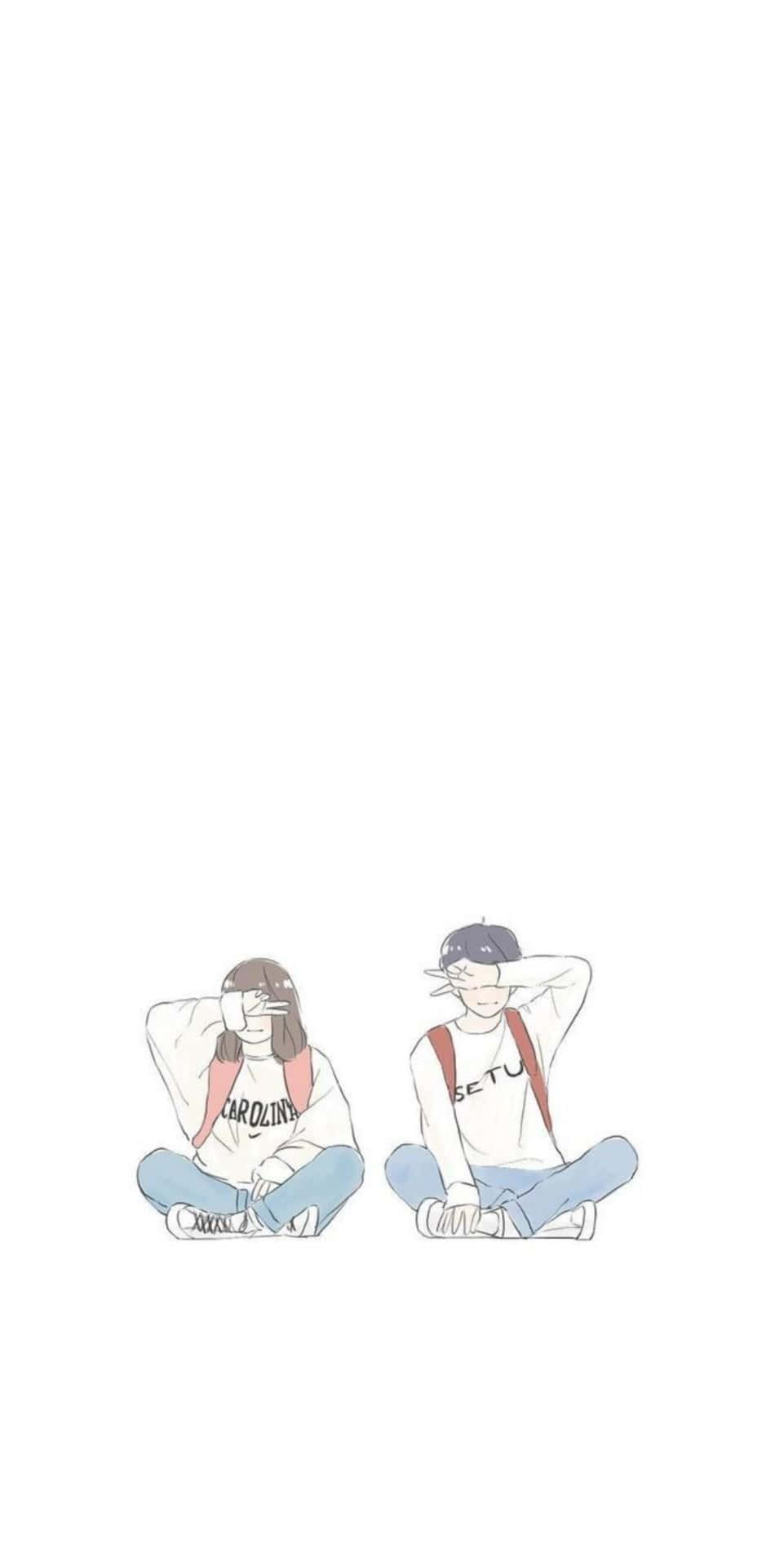 Kpop Kawaii 桌布 壁紙 — 兩個動漫風格的青少年盤腿坐在純白色背景上，兩人都用手遮住眼睛。