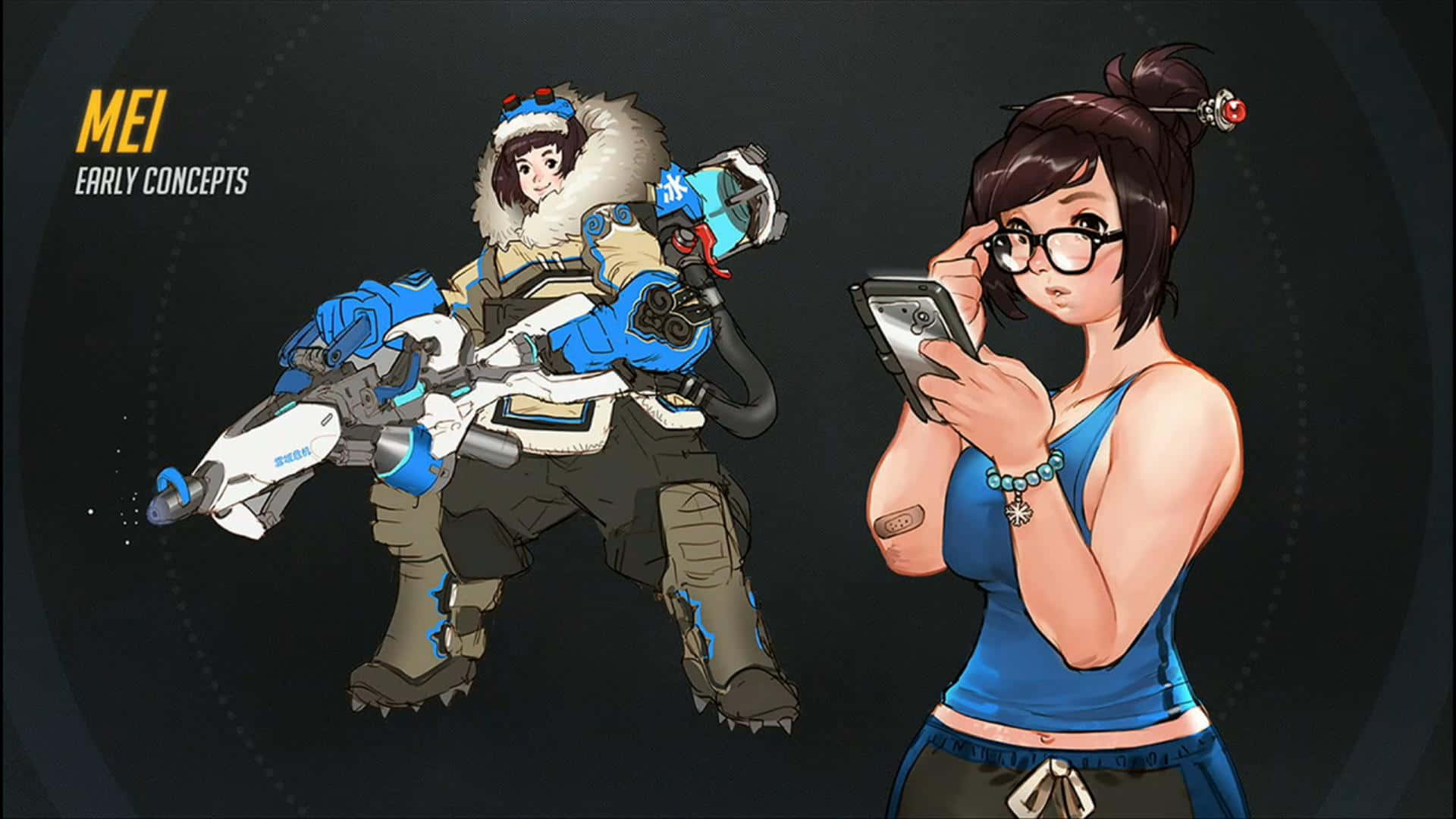 Overwatch Mei 桌布 壁紙 — 兩個動漫風格角色，一個穿著冬季裝備手持武器，另一個穿著休閒服裝在黑暗背景前看手機。