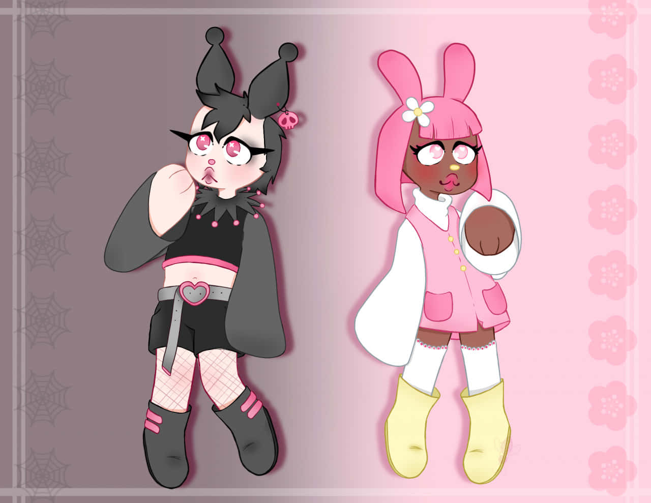 Kuromi Fanart 桌布 壁紙 — 兩個動漫風格角色，一個穿黑色帶蜘蛛圖案，另一個穿粉紅色帶兔耳，站在帶有花卉和蜘蛛網圖案的漸變背景前。