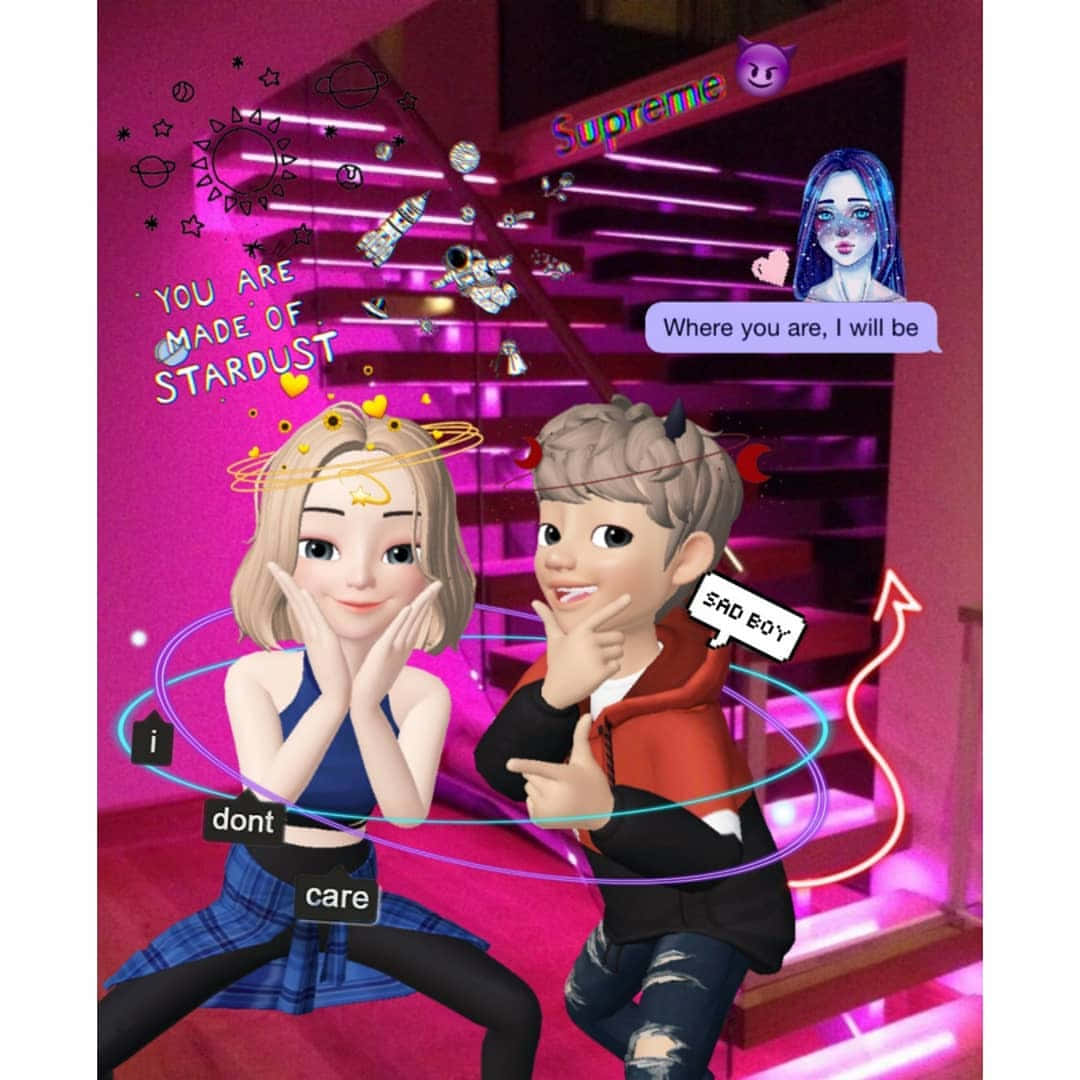 Zepeto 桌布 壁紙 — 兩個動漫風格角色在一個充滿漂浮文字和宇宙塗鴉的鮮豔粉紅色房間中擺姿勢。