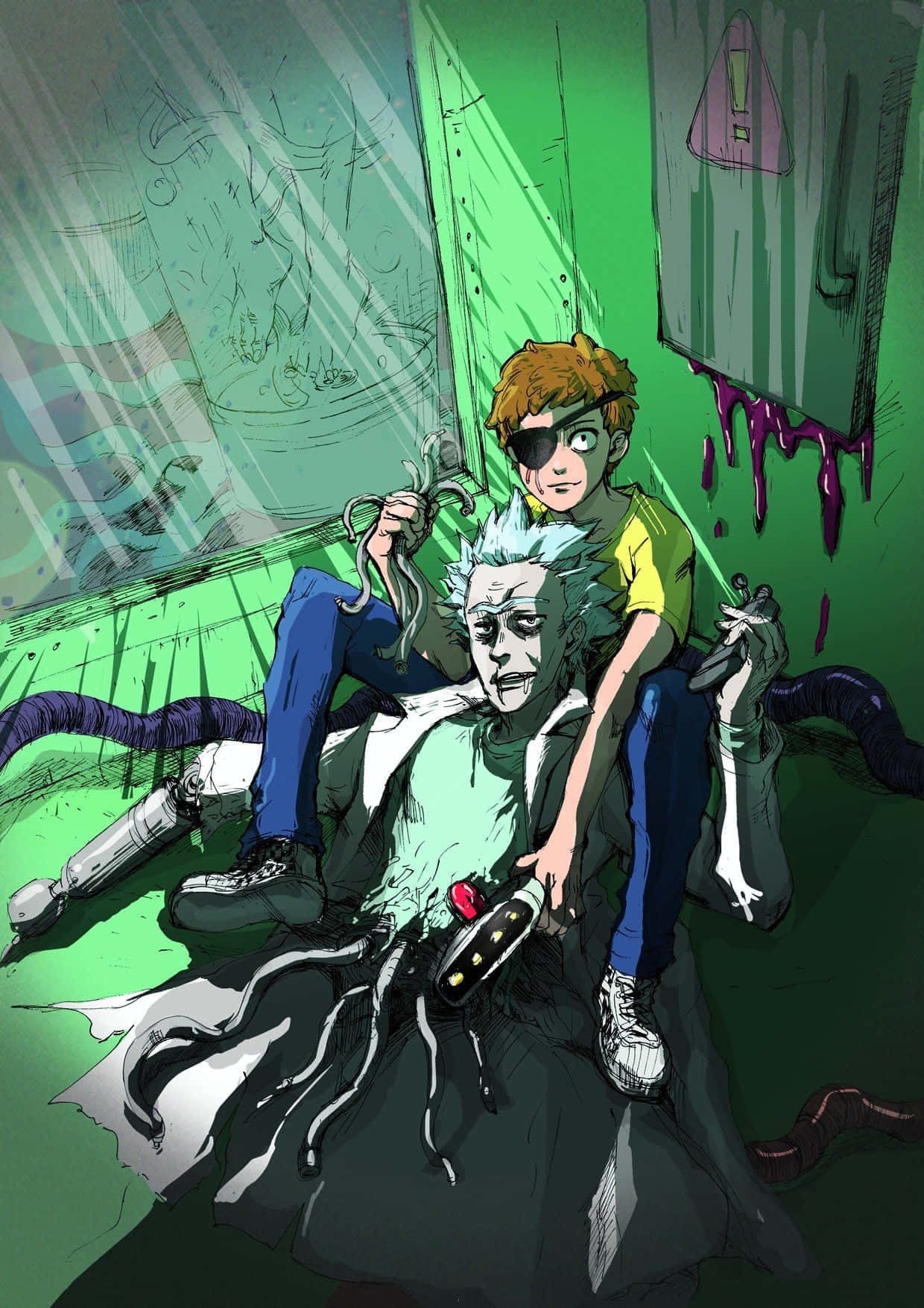 Evil Morty 桌布 壁紙 — 兩個動漫風格角色在一個綠色照明、滴水的工業房間中，有觸手和警告標誌。