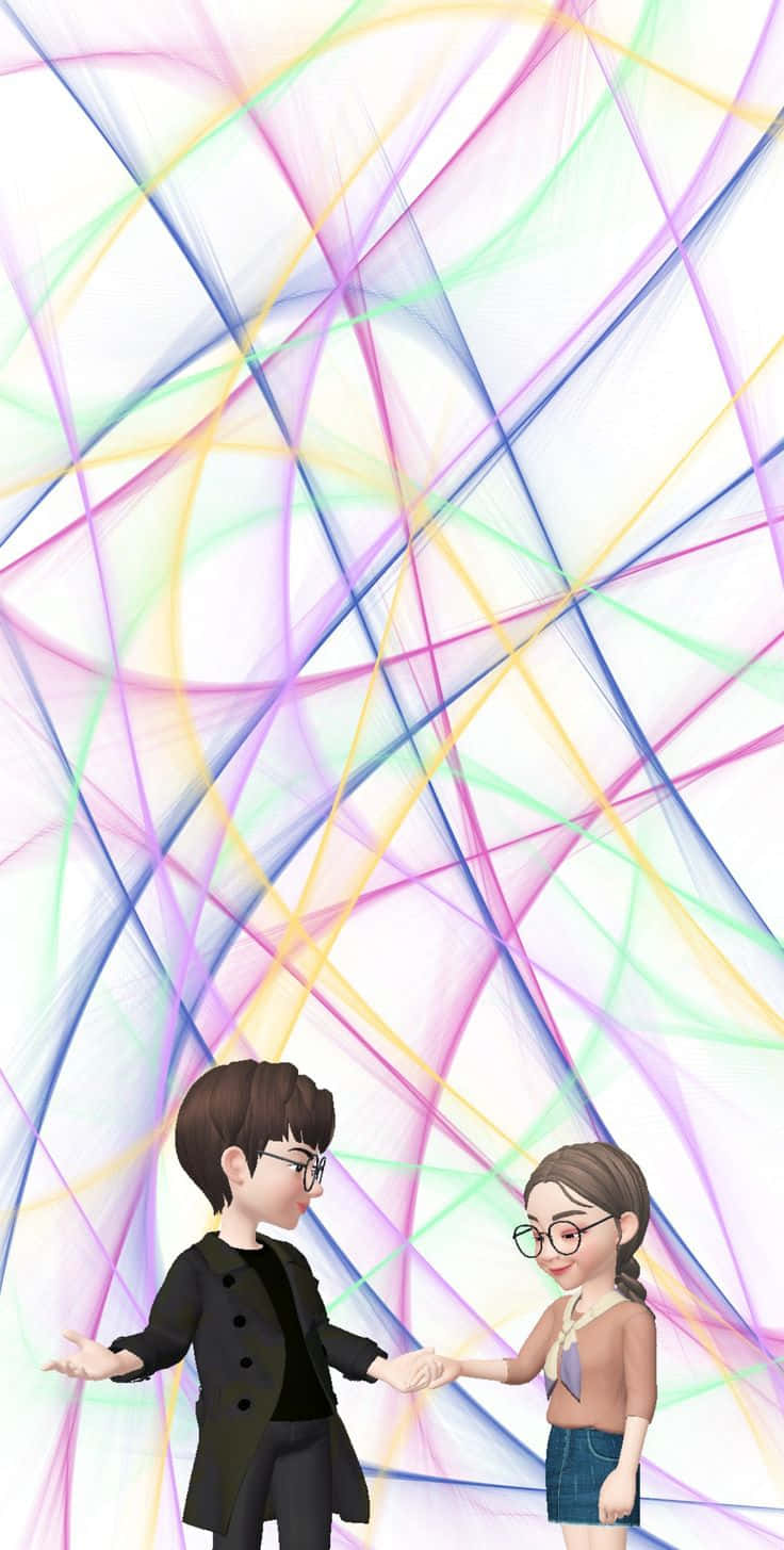 Zepeto 桌布 壁紙 — 兩個動漫風格角色在充滿活力的抽象漩渦彩虹線條背景前牽手。