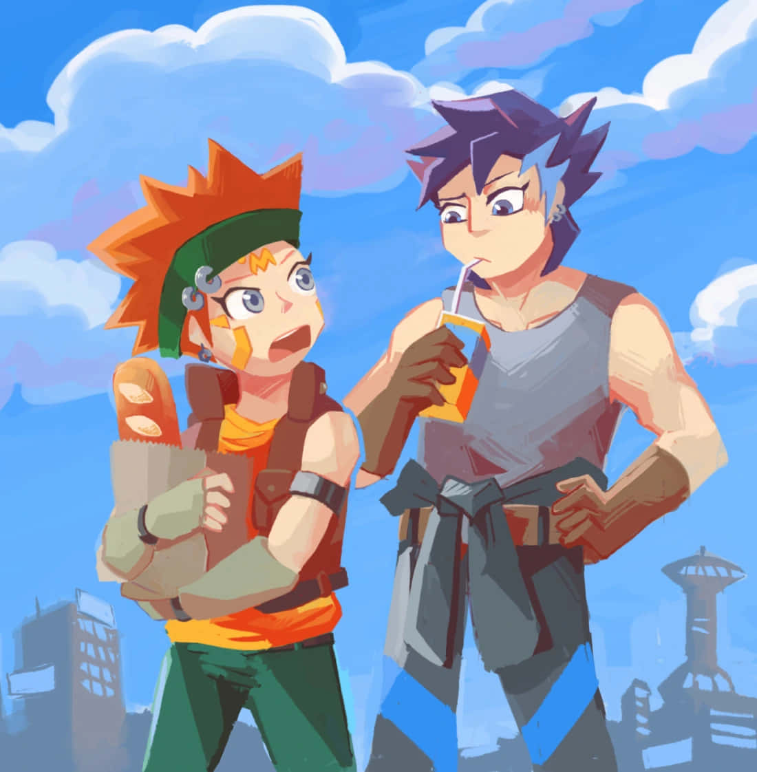 Crow Hogan 桌布 壁紙 — 兩個動漫風格角色站在明亮的藍天白雲下，一個拿著法式長棍麵包，另一個在喝飲料。