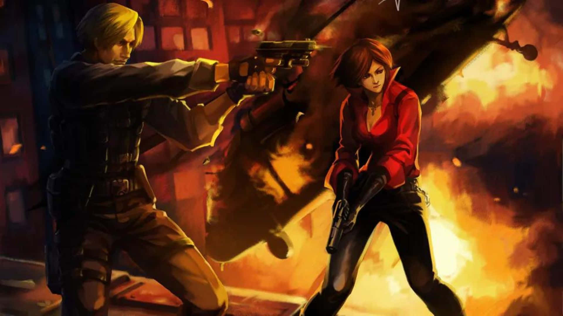 Resident Evil Characters 桌布 壁紙 — 兩個動漫風格角色身穿戰鬥裝備，在燃燒的城市小巷中，於熾熱爆炸中瞄準槍支。