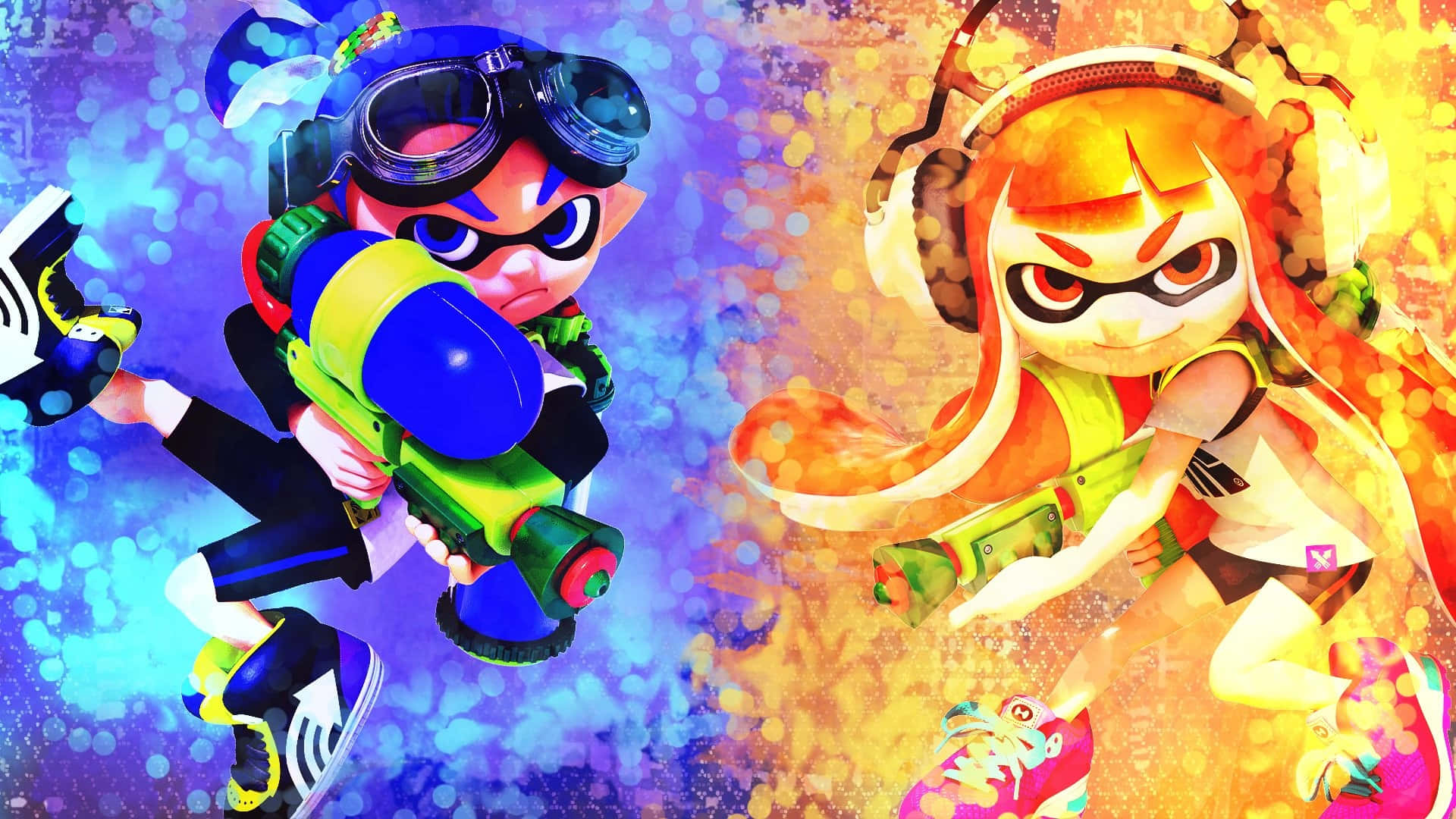 splatoon 桌布 壁紙 — 兩個動畫《斯普拉遁》角色以動態姿勢揮舞油漆槍，背景為充滿活力的藍色和橙色散景。