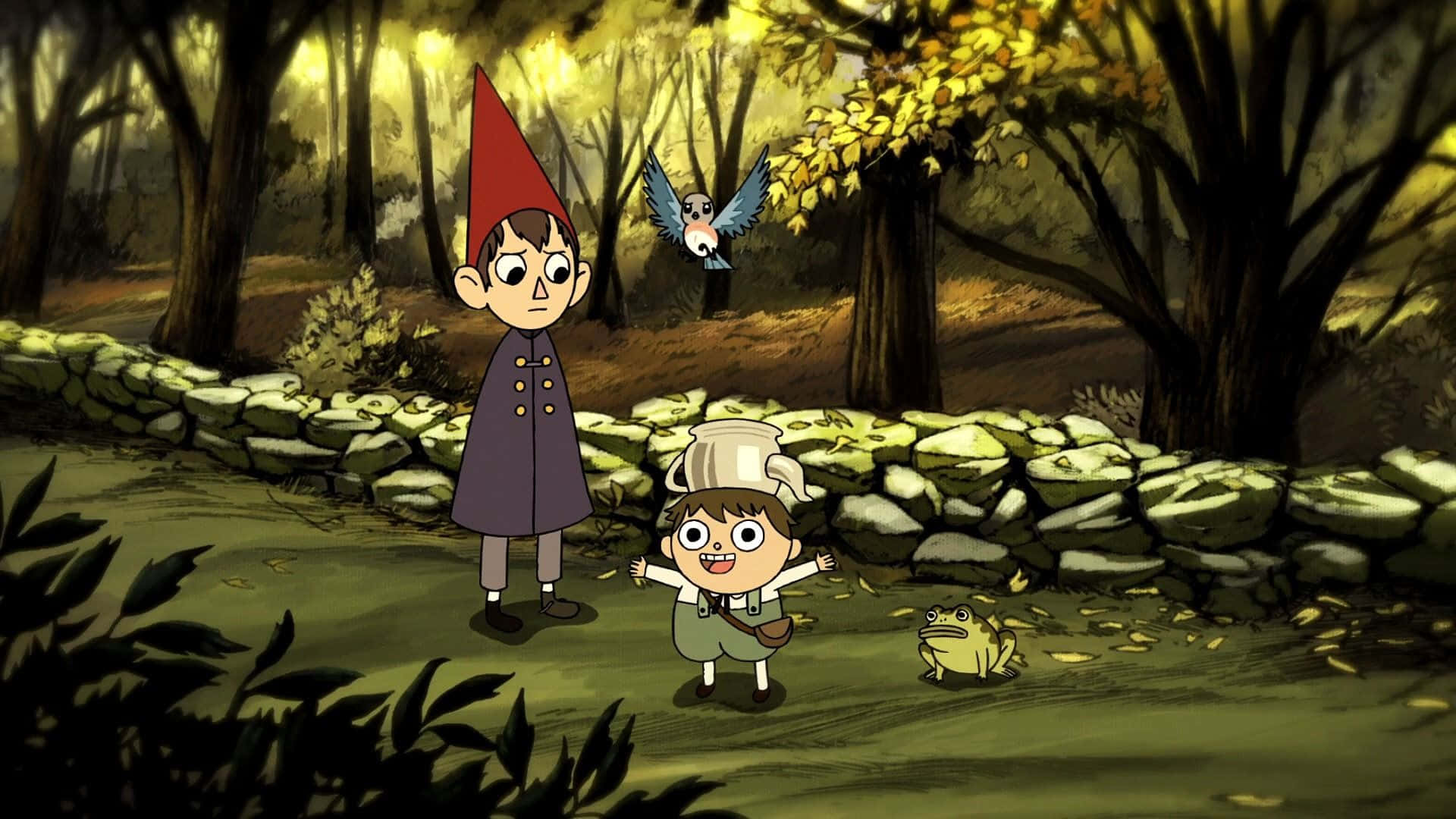 over the garden wall 桌布 壁紙 — 兩個動畫兒童在陽光明媚的秋日森林中探索，附近有一隻青蛙和一隻鳥。