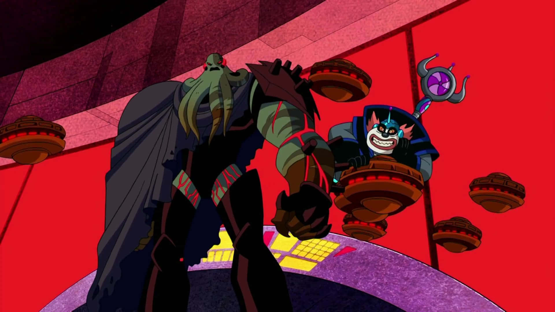 Supervillain Team-up 桌布 壁紙 — 兩個動畫反派在一個帶有浮動平台和發光控制器的紅色未來感房間裡。