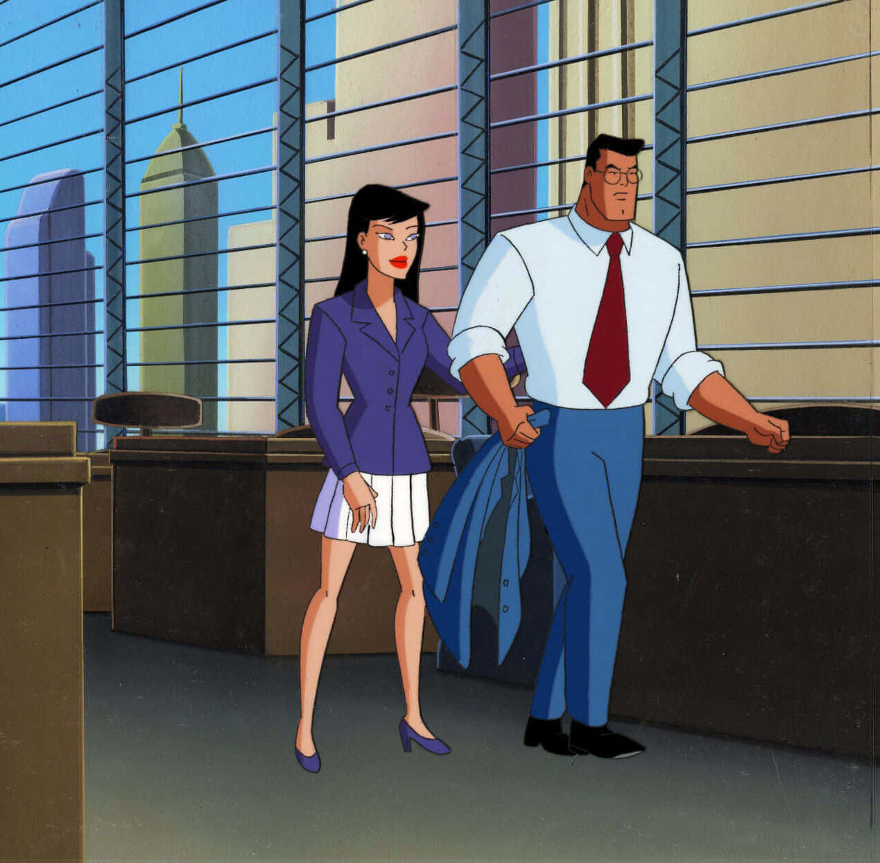 Superman The Animated Series 桌布 壁紙 — 兩個動畫商務專業人士站在現代辦公室中，透過大窗戶可以看到城市摩天大樓。