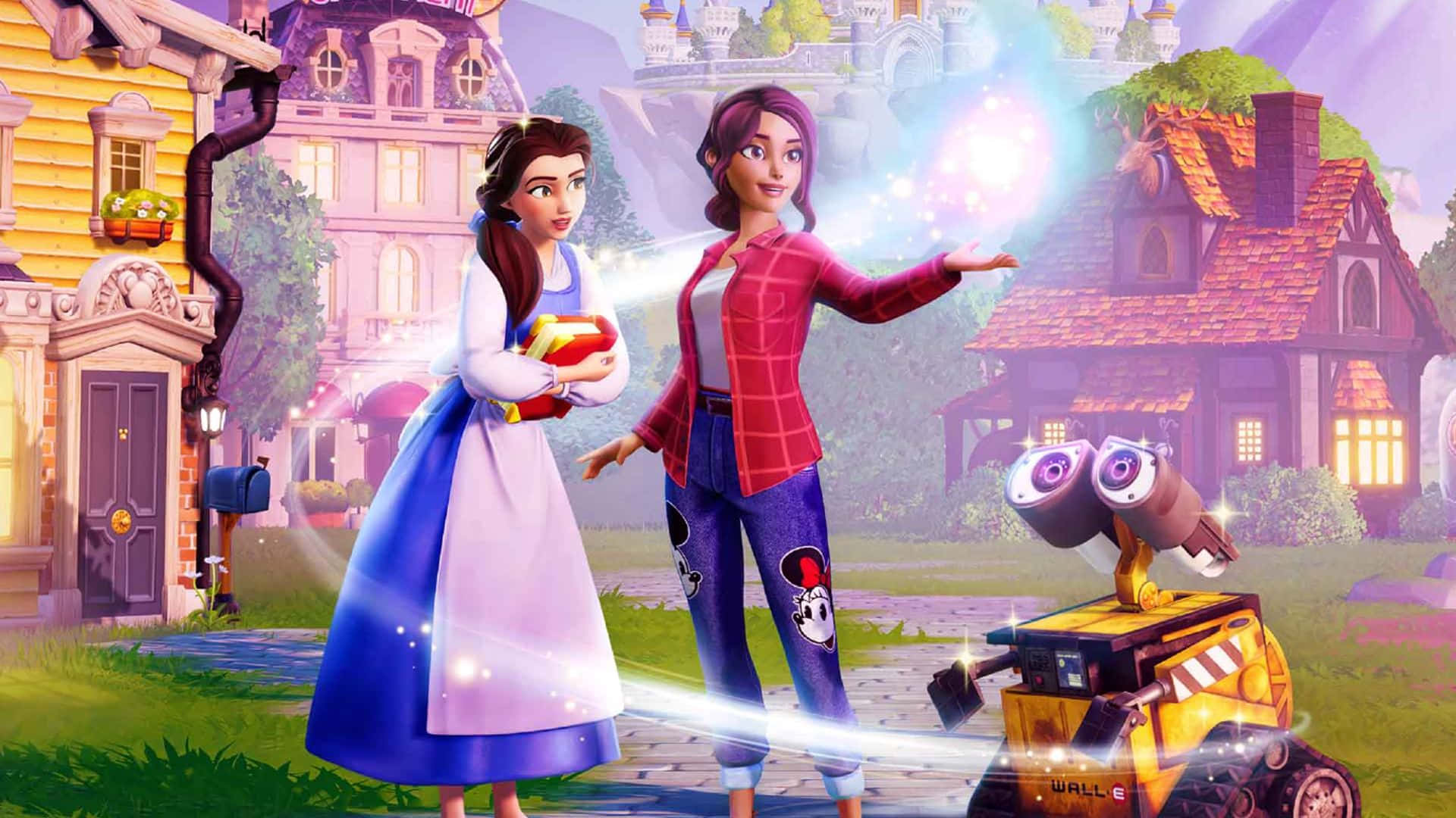 Disney 3d Movies 桌布 壁紙 — 兩個動畫女孩和一個機械人站在一個充滿奇幻色彩、有發光魔法和彩色房屋的村莊，天空柔和。
