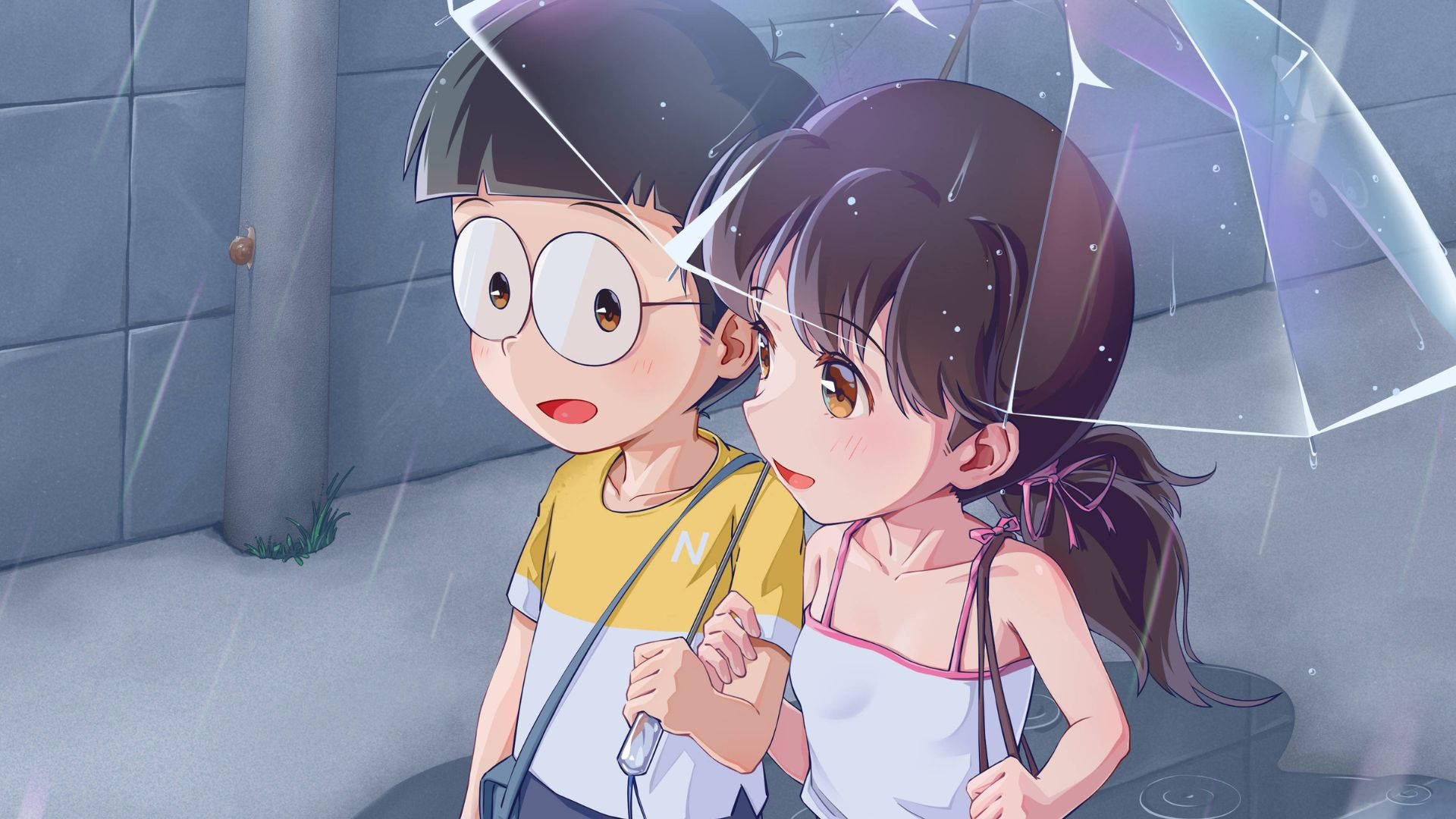 nobita shizuka love 桌布 壁紙 — 兩個動畫小孩在灰色瓷磚牆上落雨時共用一把透明雨傘。