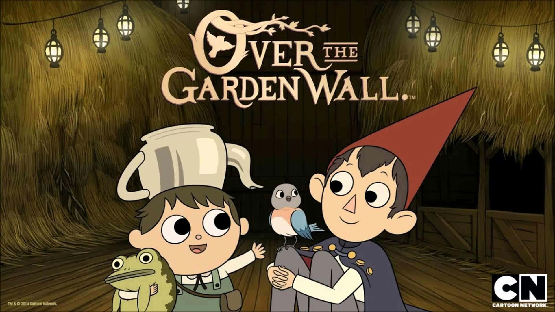 over the garden wall 桌布 壁紙 — 兩個動畫小孩帶著青蛙和鳥兒站在茅草屋下，掛著燈籠，標題為《Over the Garden Wall》。