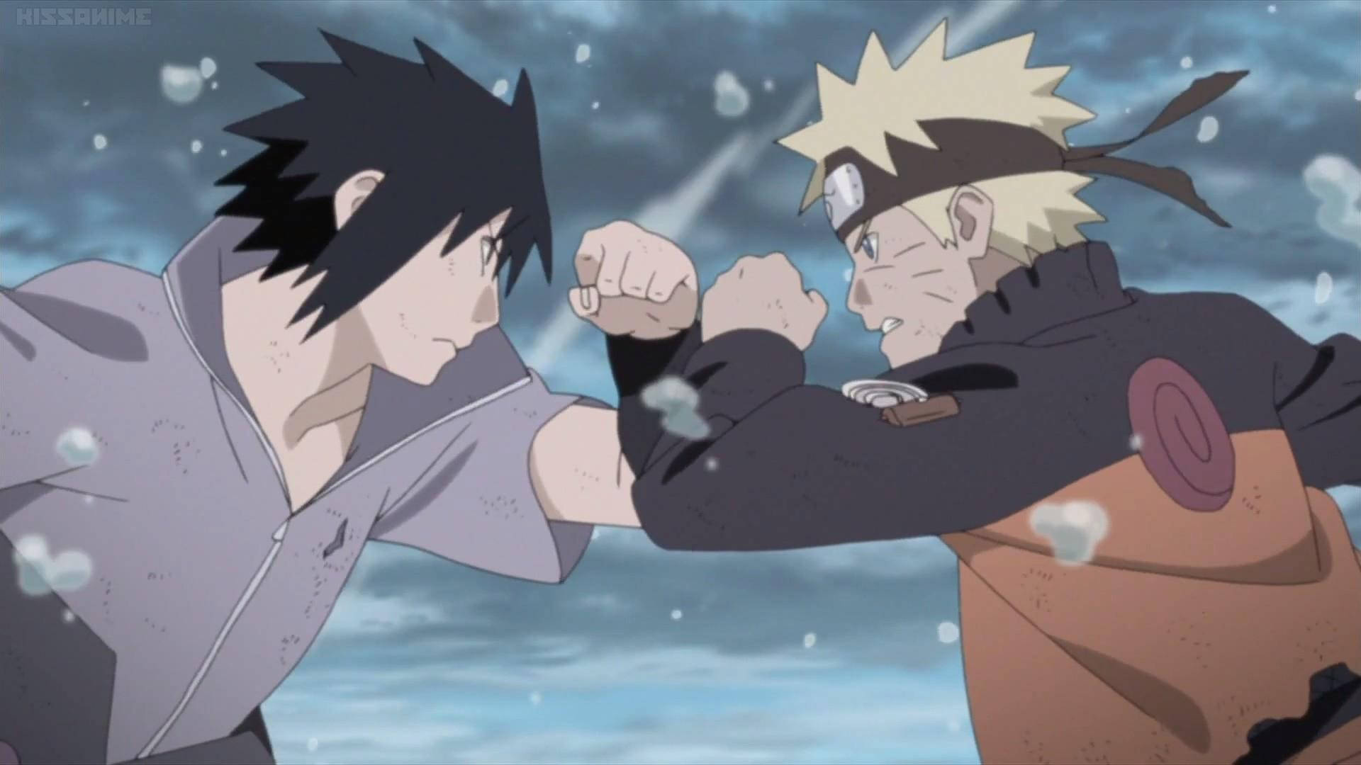 sasuke uchiha 4K 桌布 壁紙 — 兩個動畫忍者喺風雪交加嘅天空下，喺雪地戰鬥中拳頭相撞，雪花飛舞。