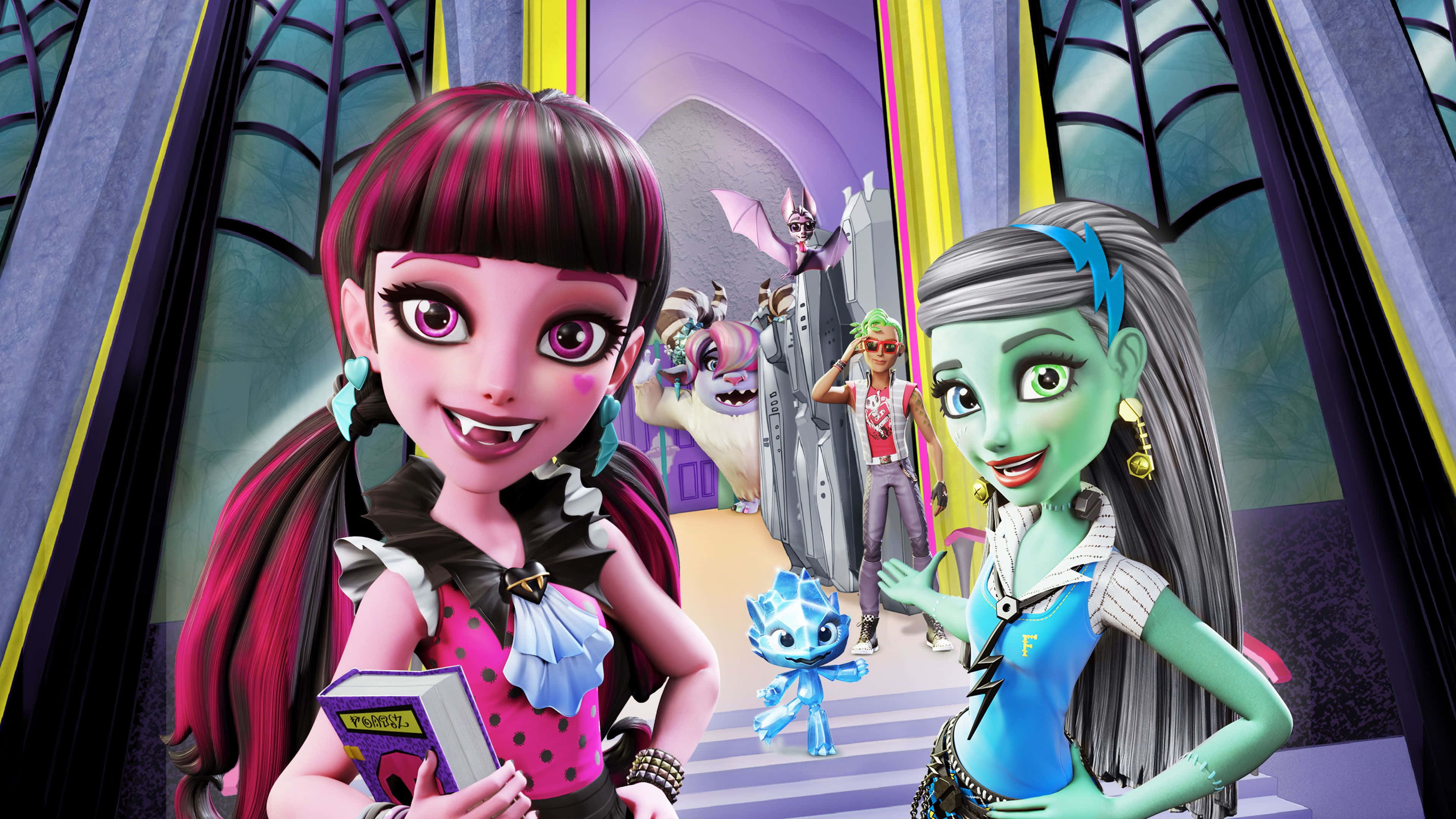 Monster High 桌布 壁紙 — 兩個動畫怪物女孩，擁有鮮豔的頭髮和詭異的時尚，在帶有發光霓虹燈裝飾的哥德式走廊中愉快地擺姿勢。