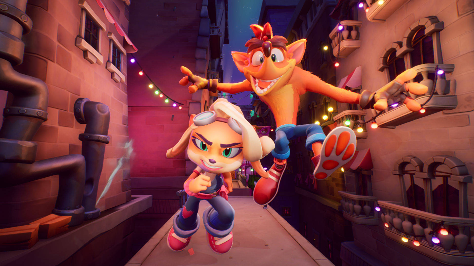 Crash Bandicoot Coco 壁紙 — 兩個動畫擬人角色跳過一條充滿活力的霓虹燈小巷，裝飾著燈串和磚建築。